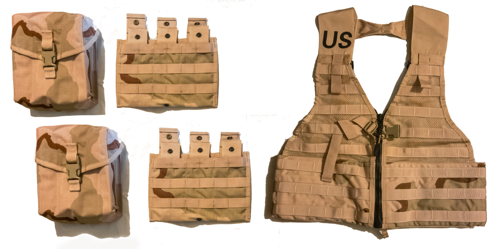 NEW USGI MOLLE 3 COLOR DESERT CAMO FLC 2 SIDE X SIDE 3 MAG & 2 200RD SAW POUCHES