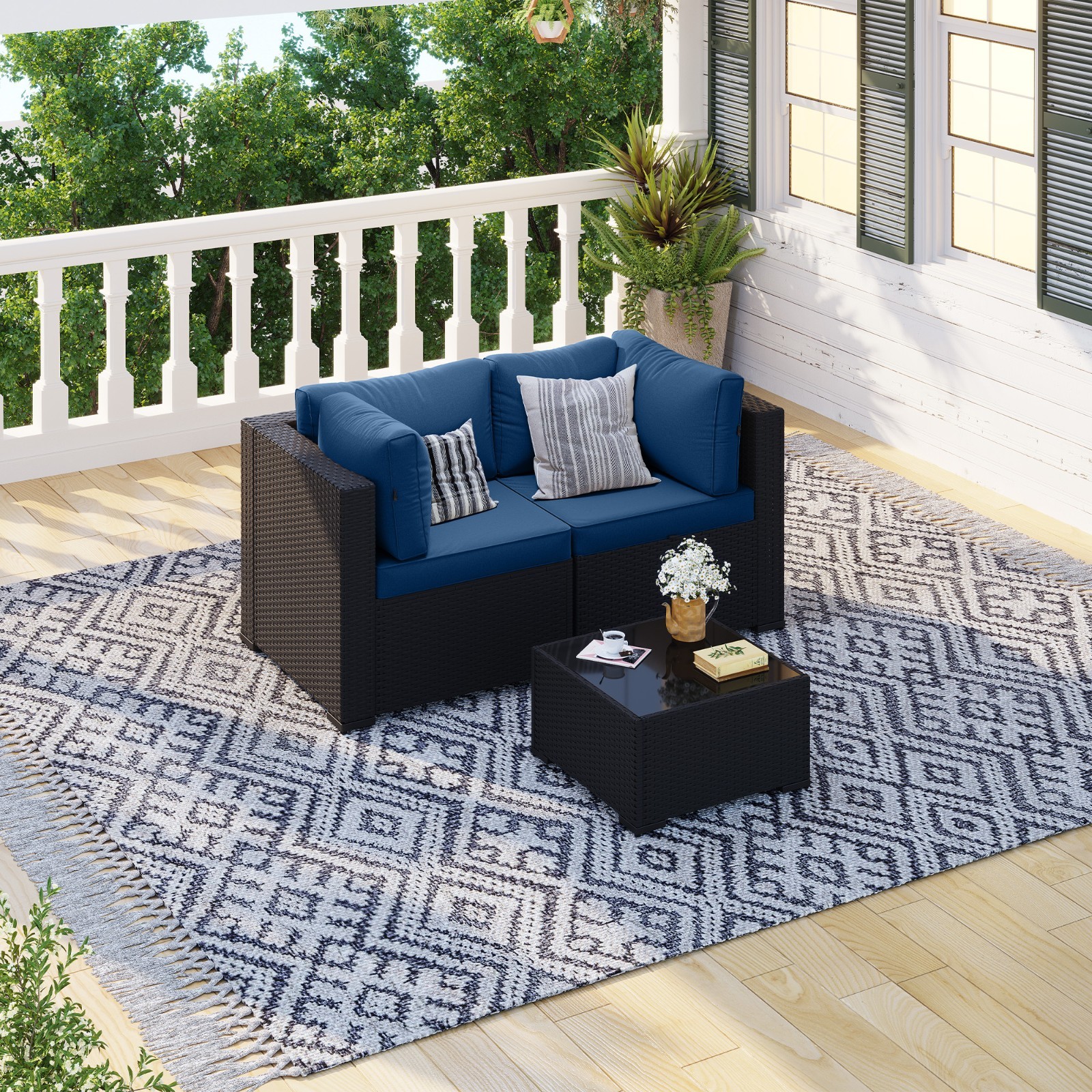 3-Piece Black Rattan Sofa Set Navy Blue Cushions Coffee Table