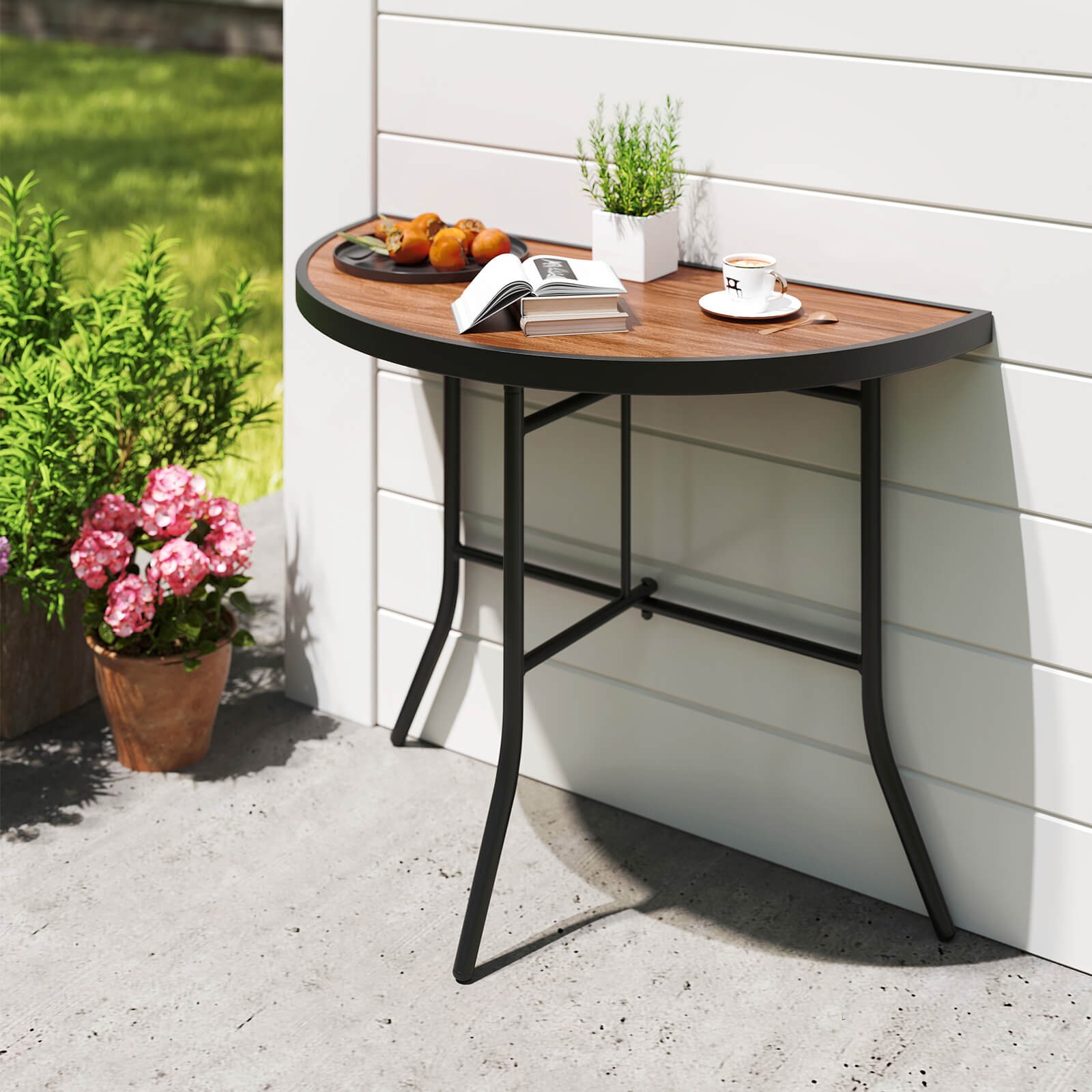 Half-Round Folding Event Table Foldable Banquet Table with Metal Frame Brown