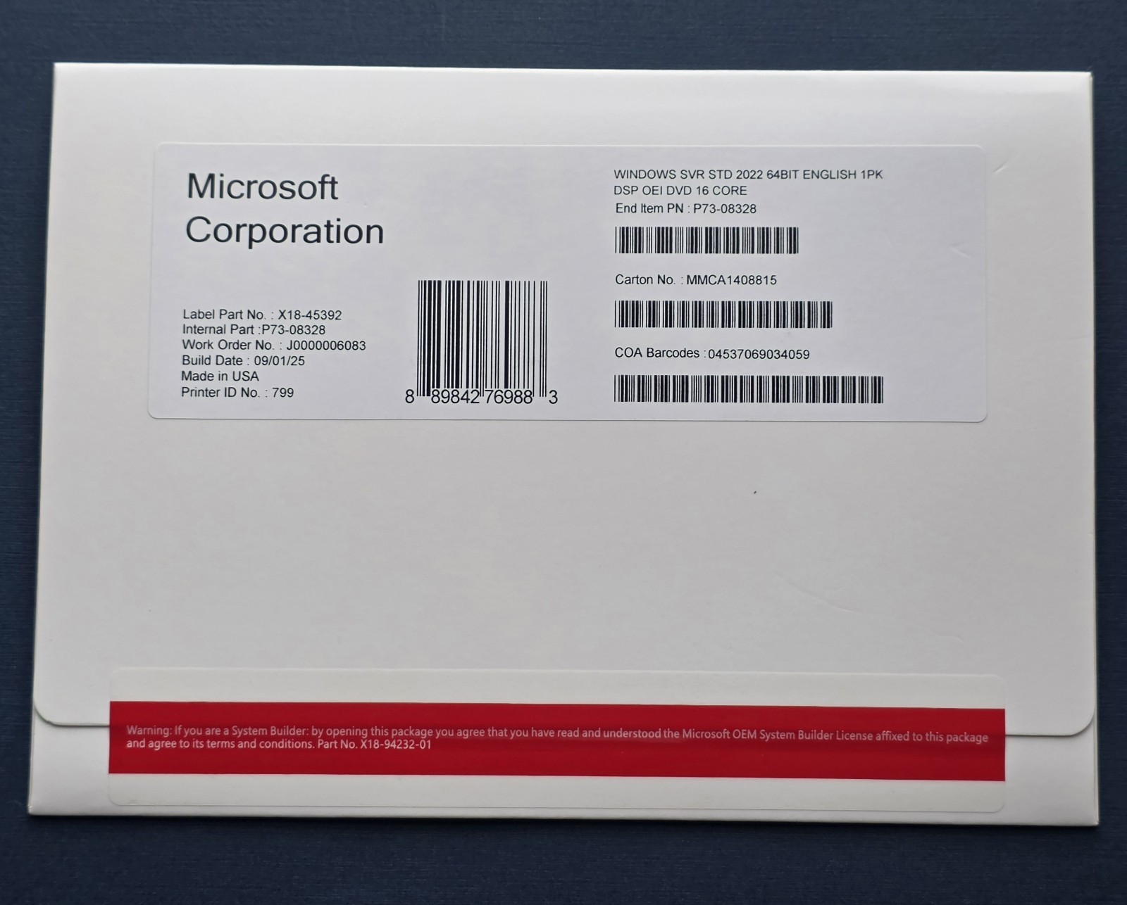 Microsoft Windows Server 2022 Standard 16 Core DVD + Sealed Key