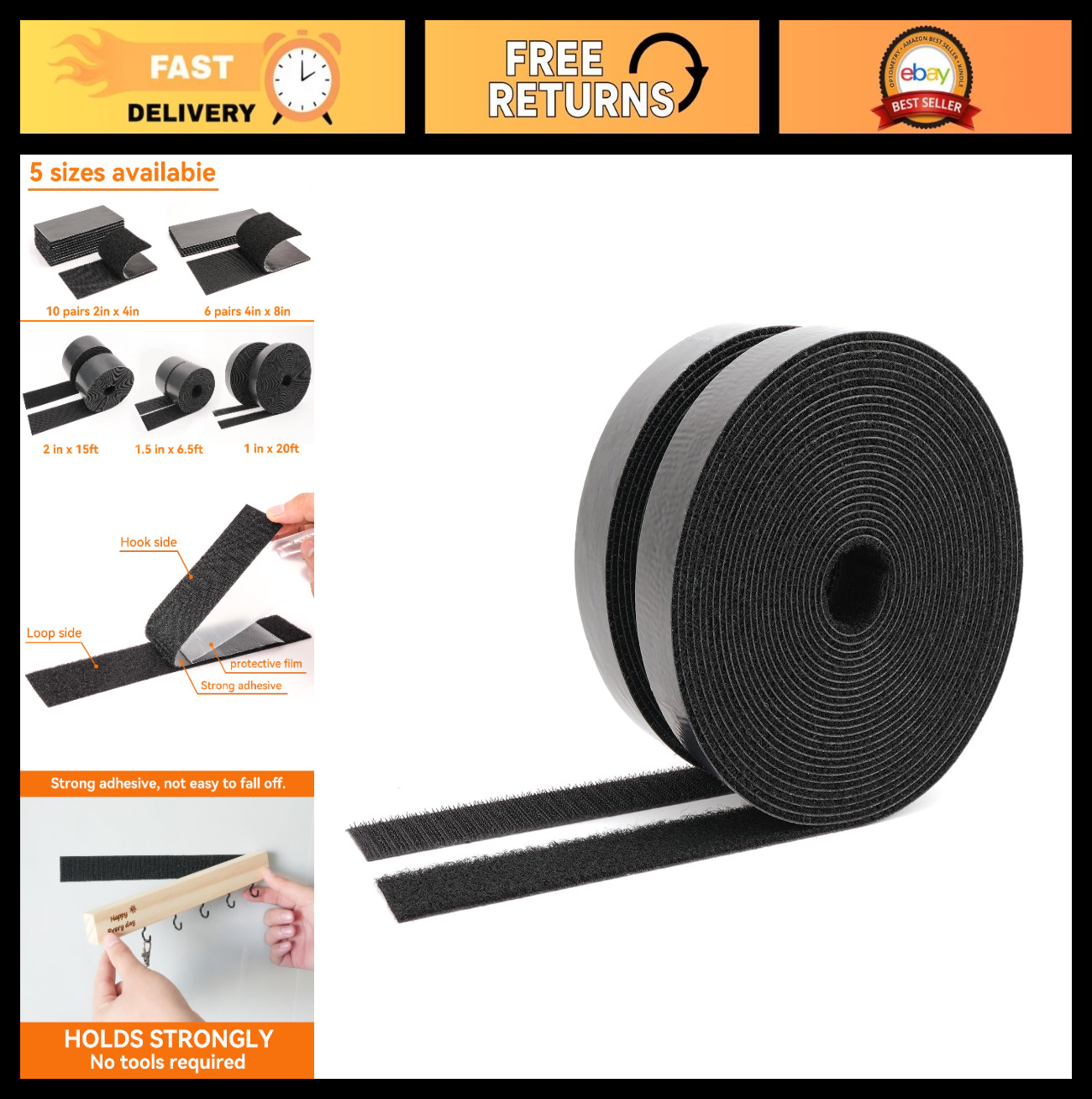 Heavy Duty Hook and Loop Tape 20ft x 1" Double-Sided Adhesive Strips for DIY, Ho