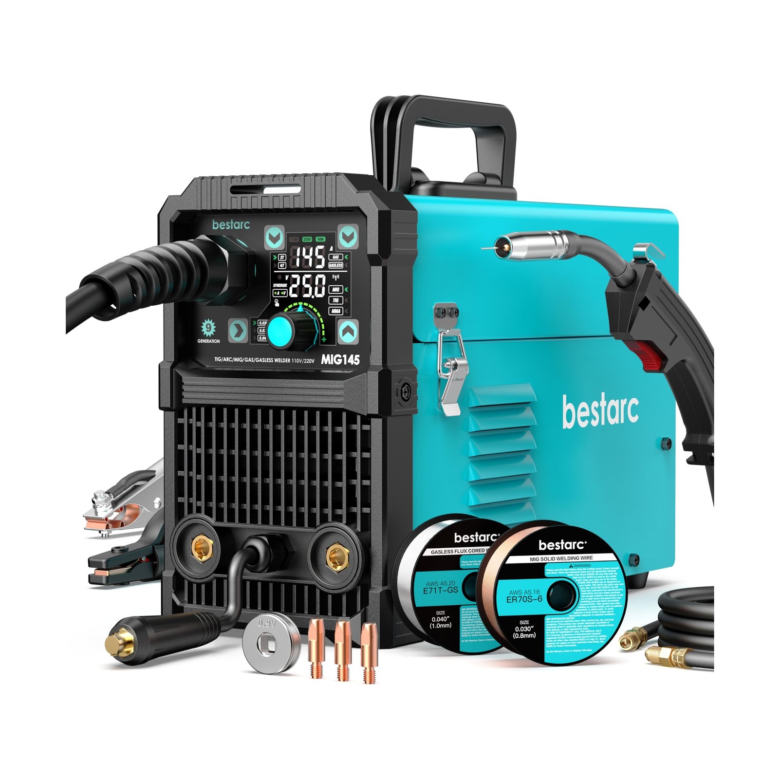 bestarc 145A MIG Welder, 110V 220V 4 in 1 Gas/Flux Core MIG/Lift TIG/Stick We...
