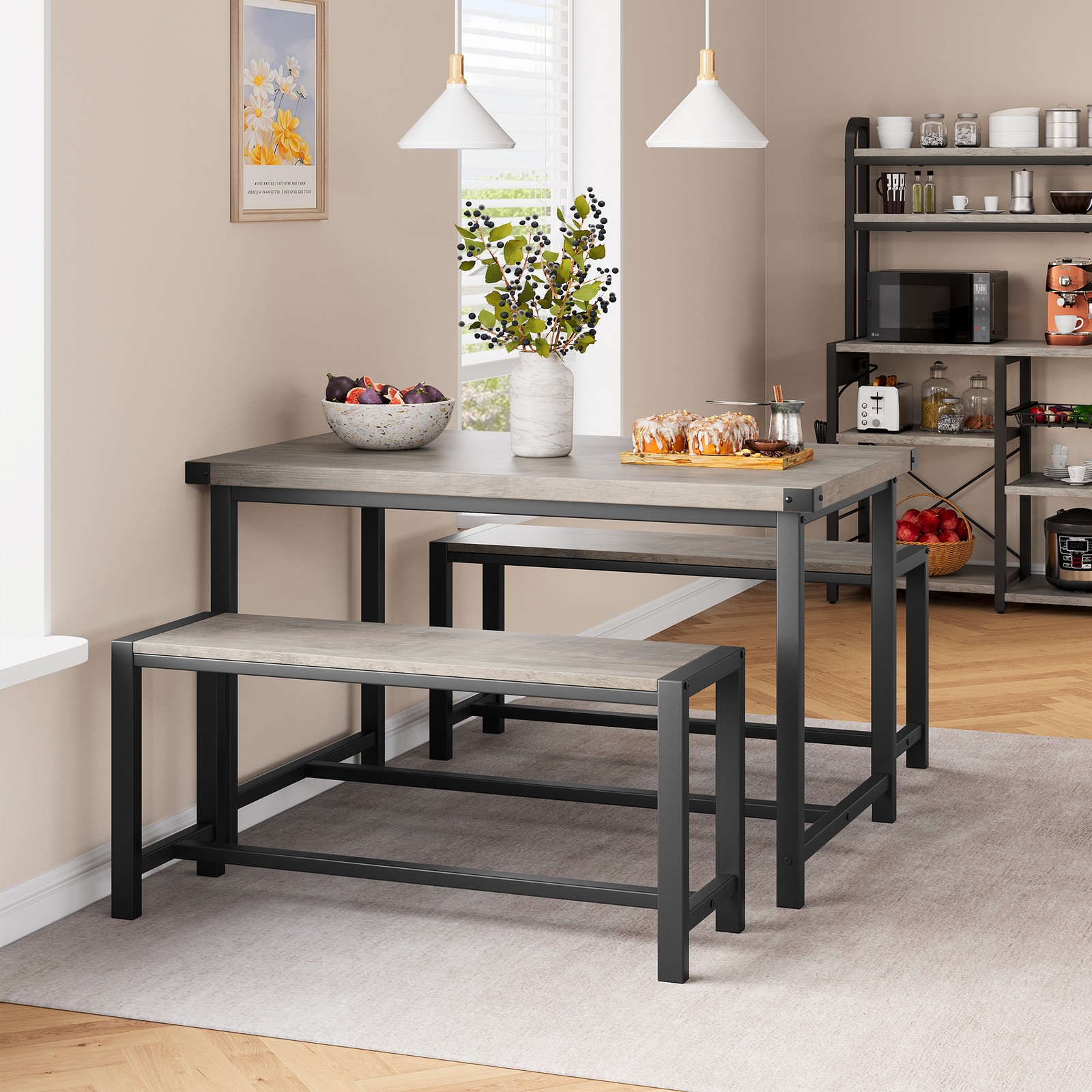 Dining Table Set for 4, Rectangular Kitchen Table with 2 Metal Wood Benches