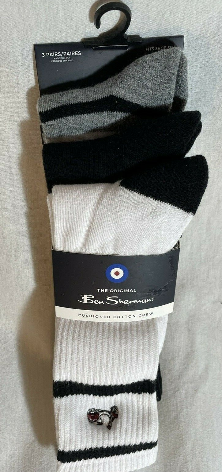NEW ORIGINAL BEN SHERMAN CUSHIONED COTTON MEN'S CREW SOCKS 3 PACK M4010 WSBSR$28