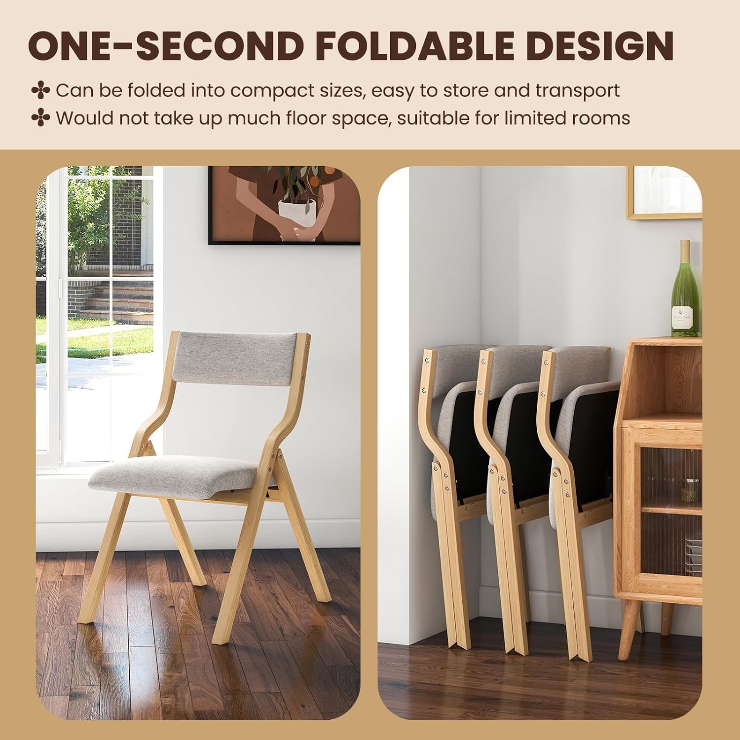 No Assembly Folding Dining Chairs Set of 2 Kitchen Chairs with Linen Padded