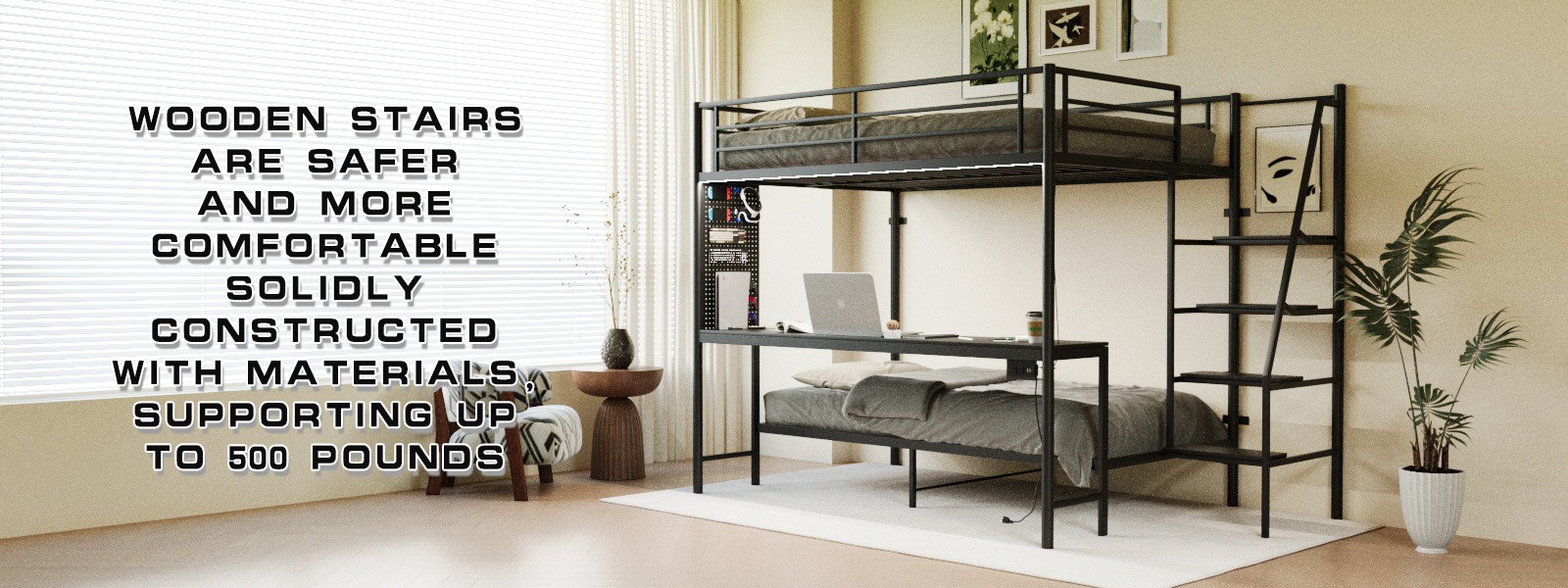 Modern Metal Bunk Bed Full Size Black Bed Frame w/LED light and Charging Socket