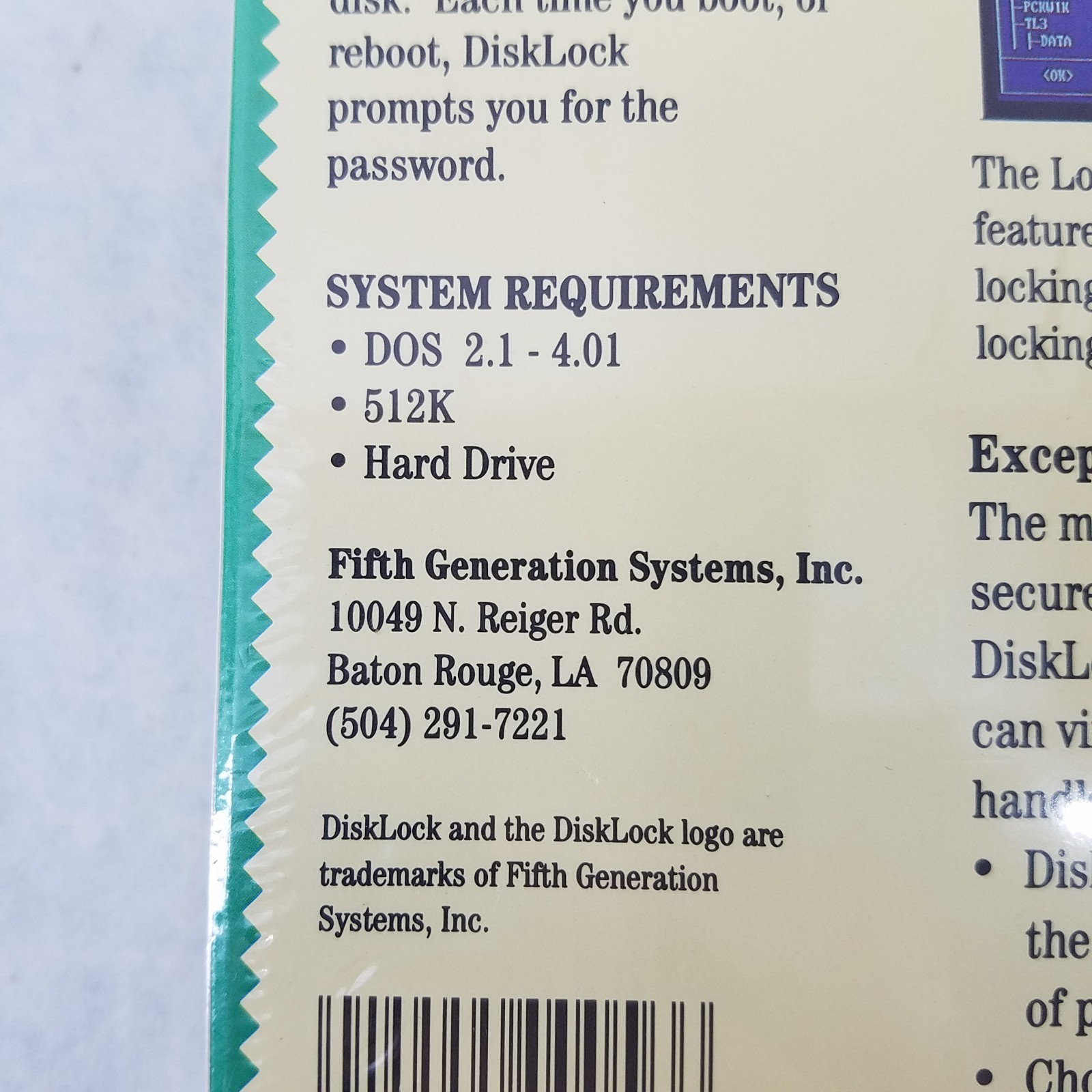 Disklock Fifth Generation Systems IBM PC/XT/AT, PS-2 Vintage Software - SEALED