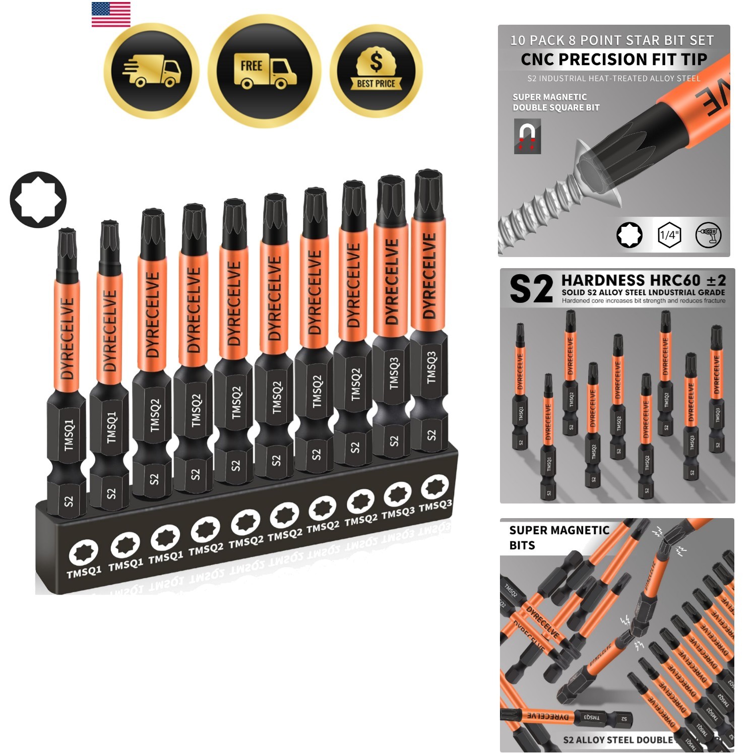 Professional 10-Pack 8 Point Torx Star & Double Square Bit Set -  S2 Alloy St...