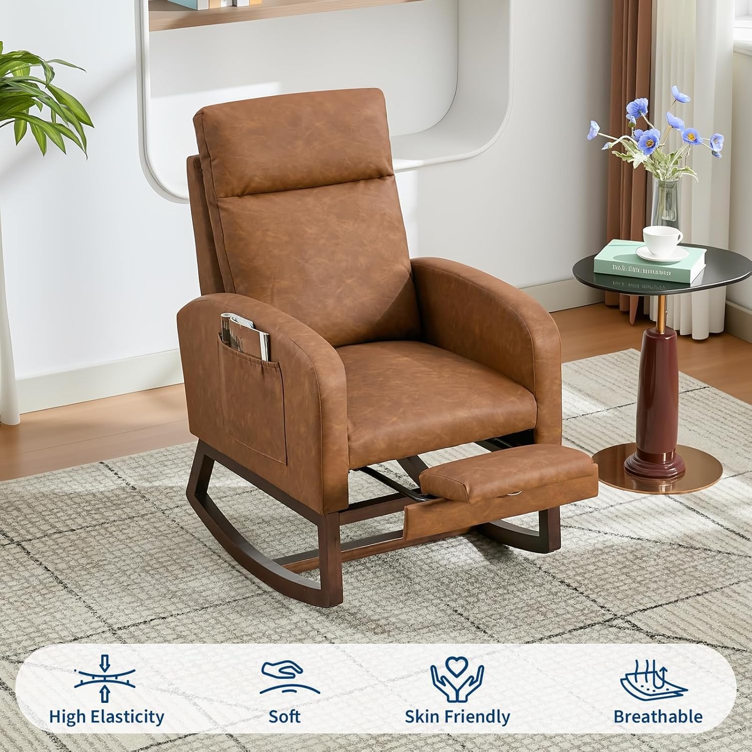 Upholstered Glider Chair with Adjustable Footrest, Walnut Frame, Relaxing & Safe