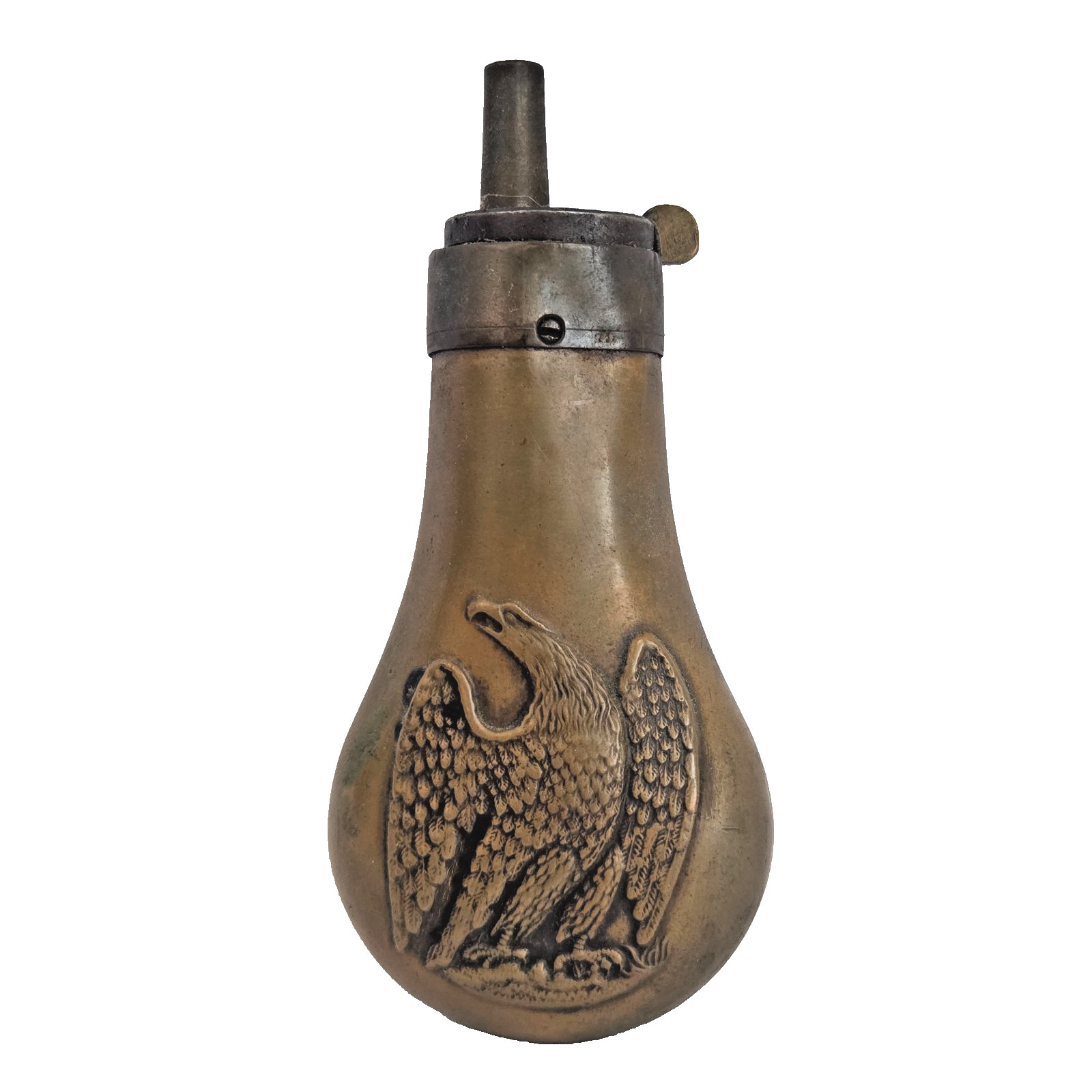 Antique Brass Powder Flask Embossed Screaming Eagle Pewter Charger Civil War Era