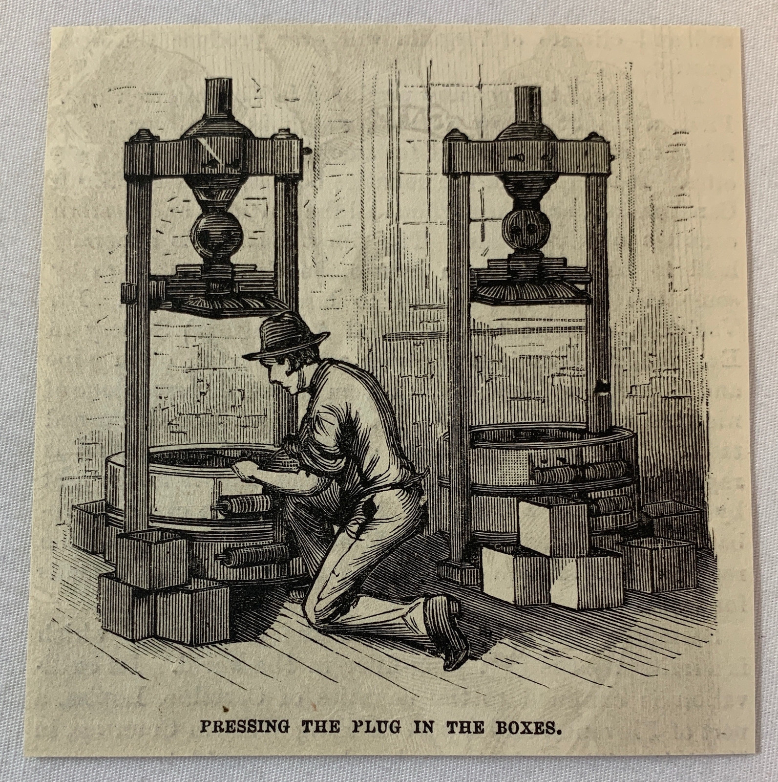 1882 magazine engraving~ PRESSING THE TOBACCO PLUG IN THE BOXES