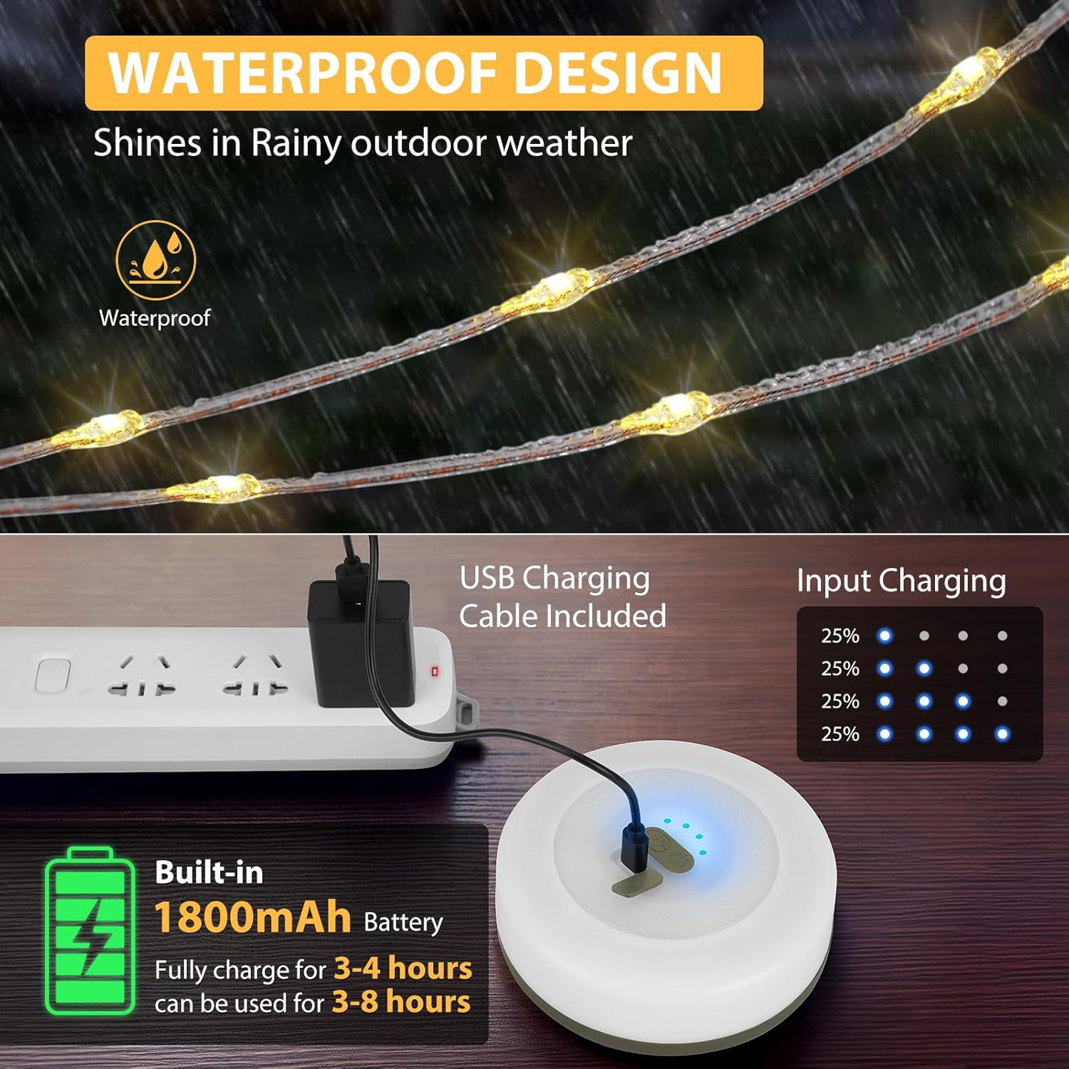 Camping String Lights, 4 in 1 Quick Storage 32.8FT Rechargeable Tent Lights with