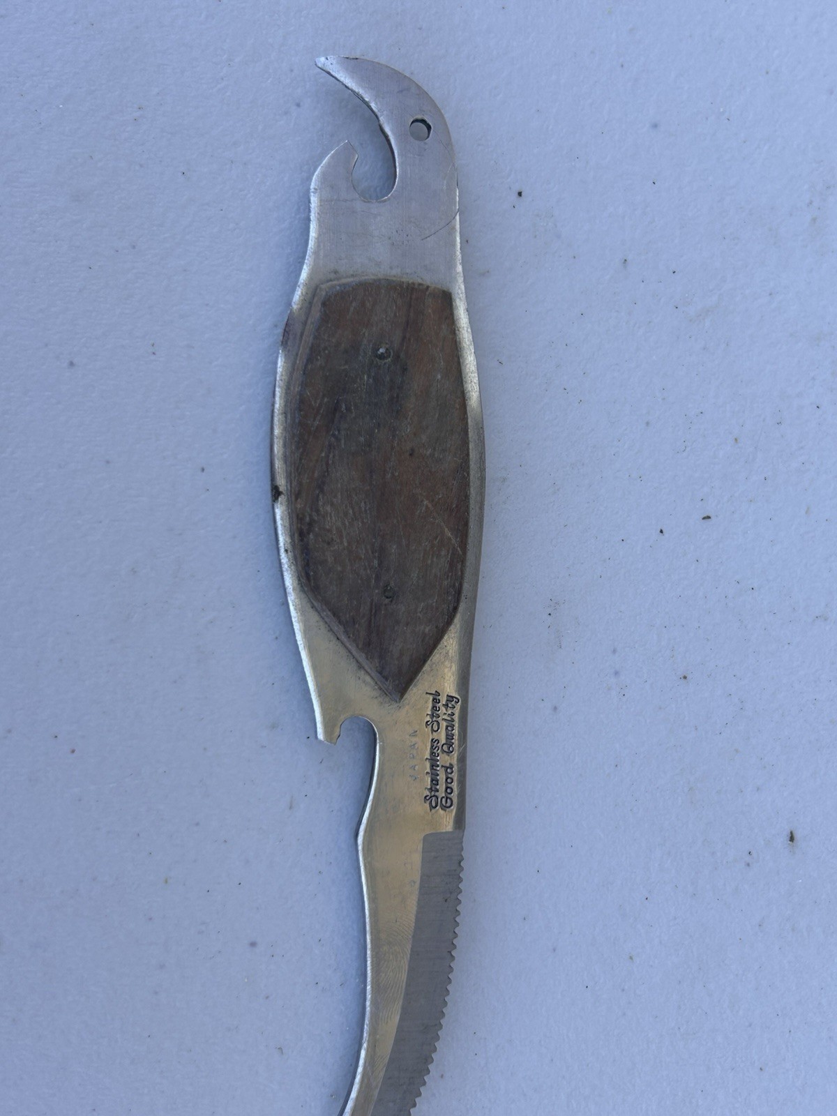 Bottle Opener Bar Tool Knife Parrot Shaped Stainless Steel & Wood Mid Century