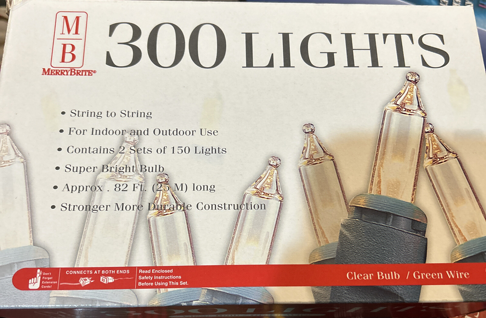 300 Holiday Lights Merry Brite Clear Bulb/Green Wire Indoor/Outdoor 82ft