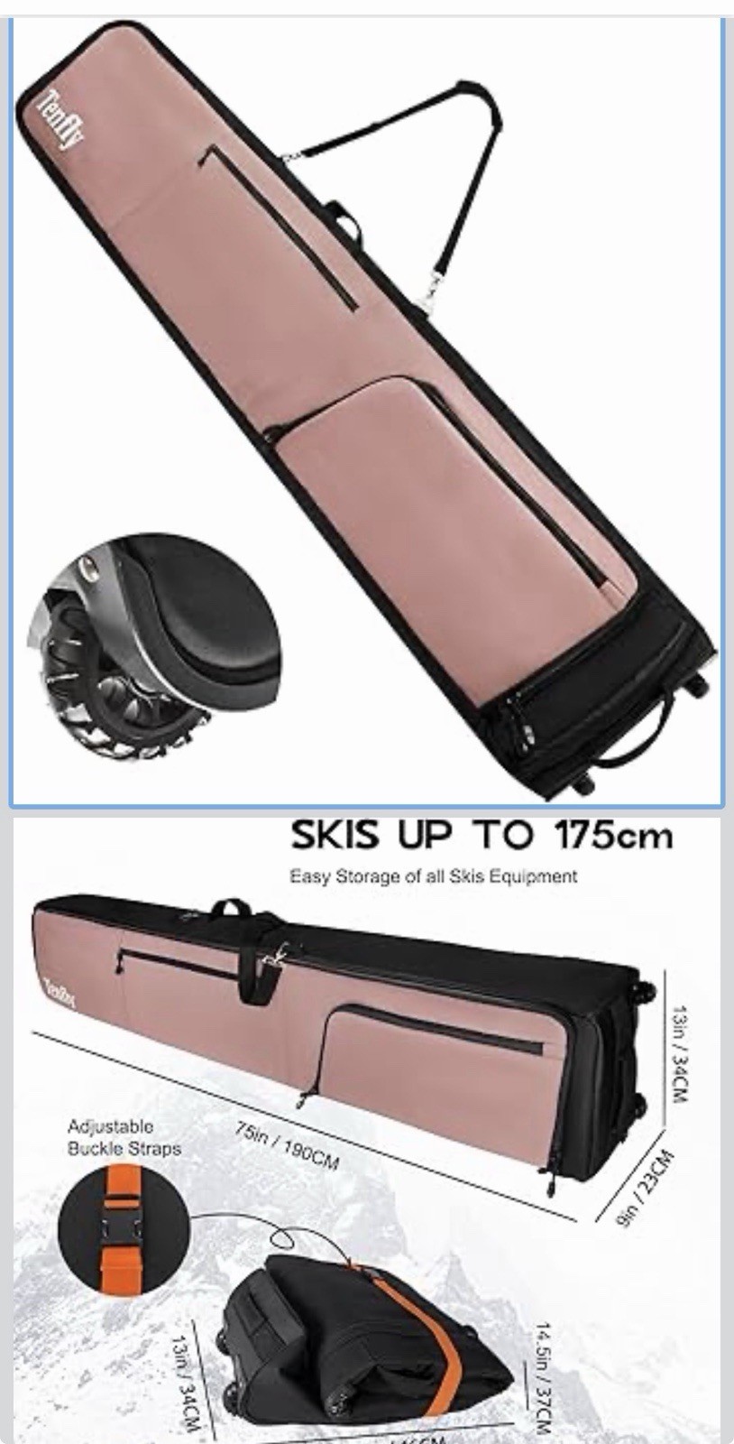 TENFLY Wheeled Ski Bag for Air Travel, 900D Waterproof Padded 175, Black Pink?