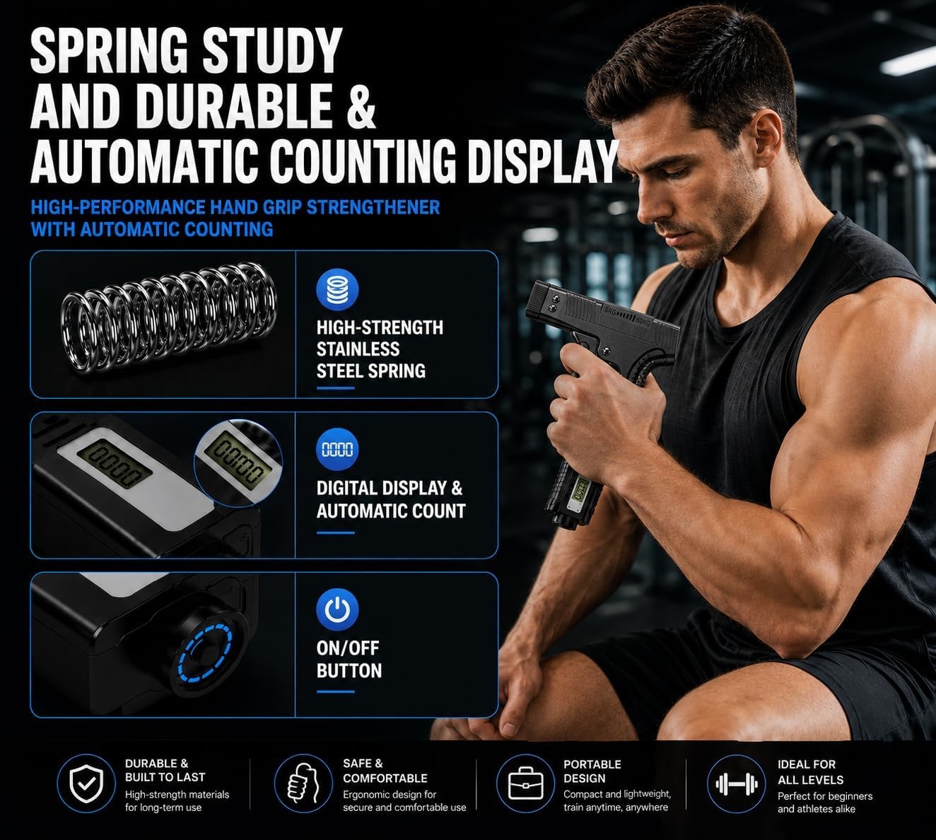 Grip Strength Trainer with Finger Exerciser, Digital Counter Adjustable Hand