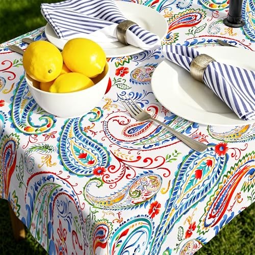 Outdoor Tablecloth with Umbrella Hole and 84" x 60" (Rectangular) Paisley Multi