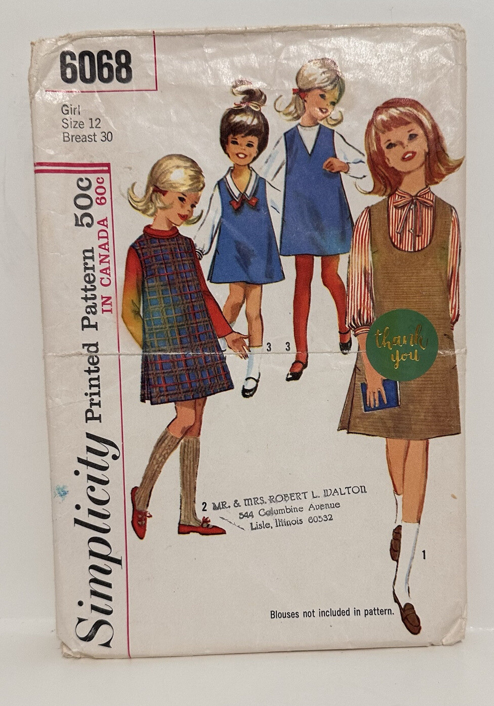 Cut Vintage 1965 Simplicity Pattern 6068 Size 12 Girls Jumper Dress Complete