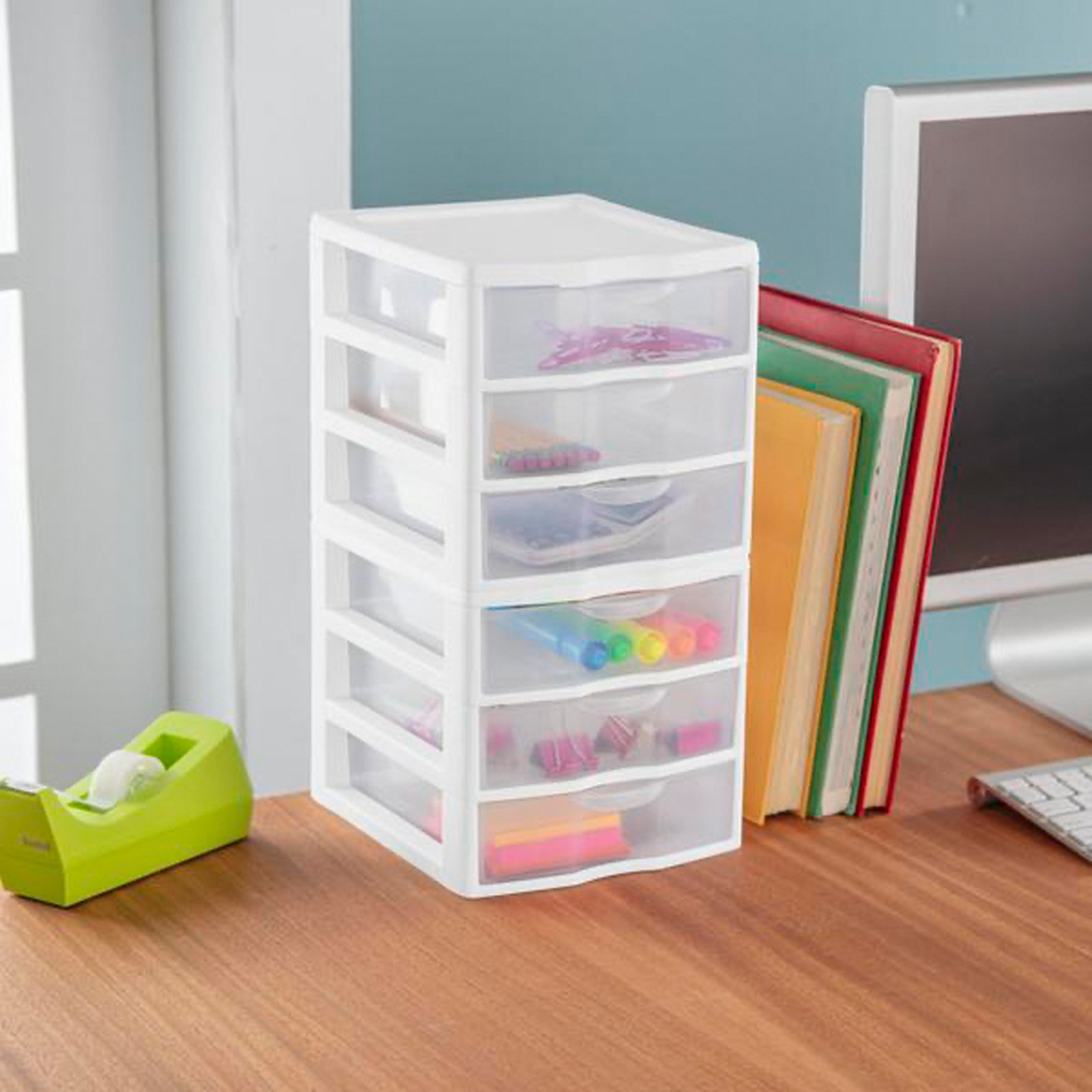 Sterilite ClearView Plastic Small 3 Drawer Desktop Storage Unit, White, 6 Pack