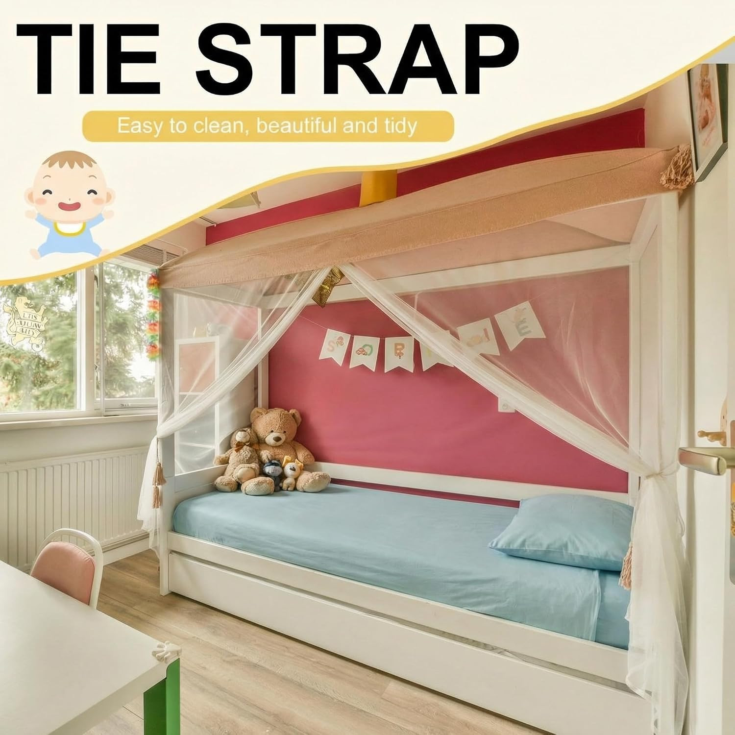 Bed Mosquito Net Rectangular Canopy Drapes with Hook Nylon Rope for Single Twin