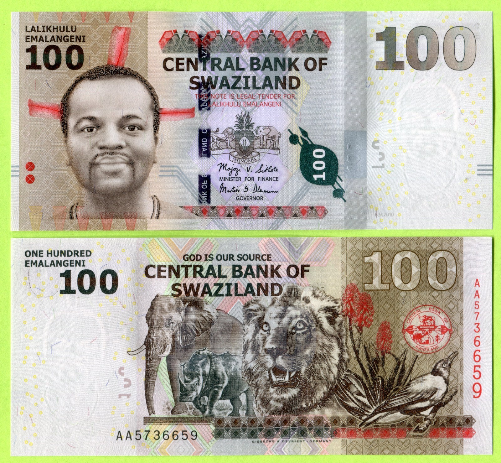 Swaziland / Eswatini 100 Emalangeni 2010 P39 UNC / Prefix AA