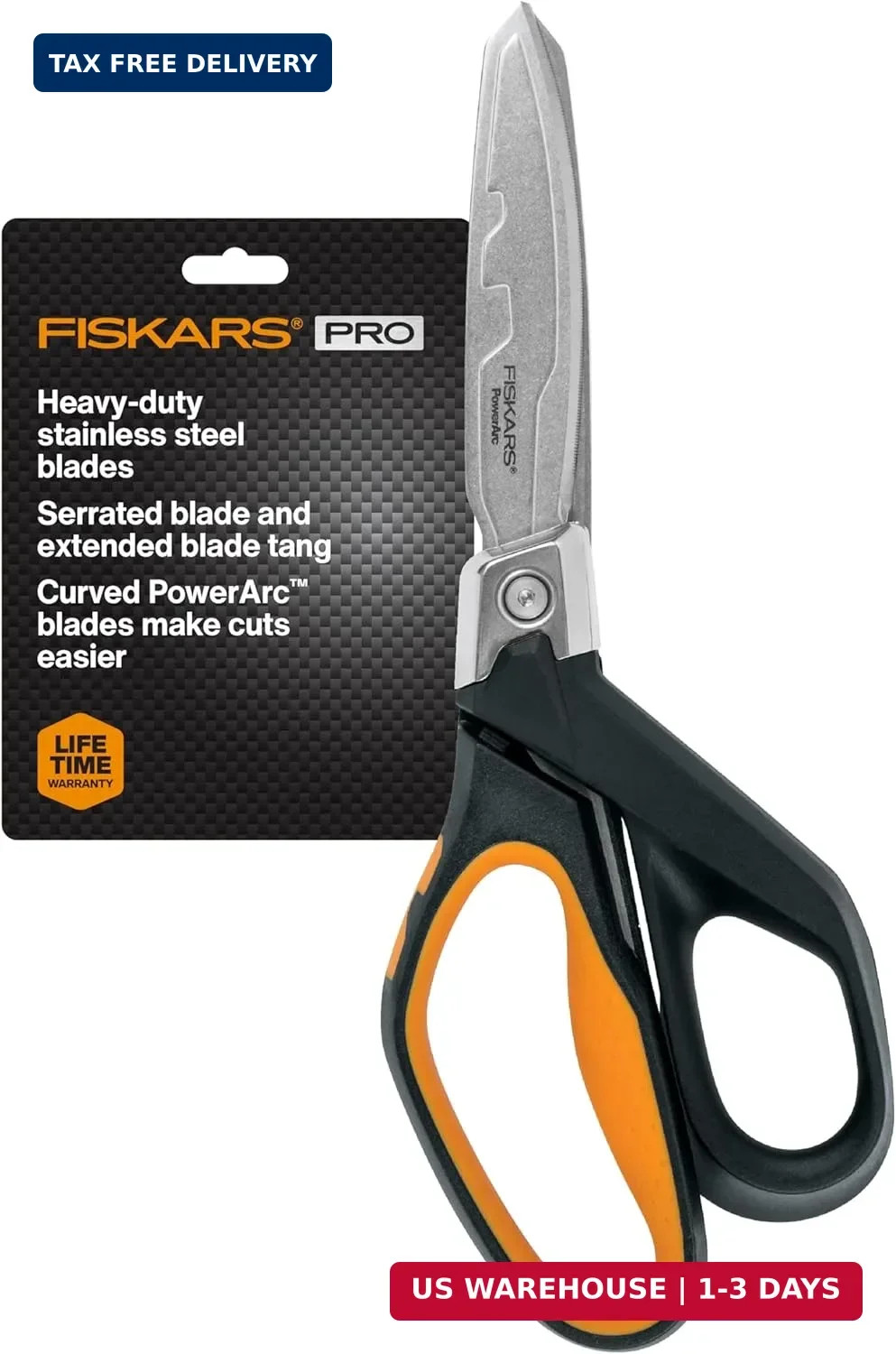 Fiskars PowerArc 8" Shop Shears, Heavy Duty Serrated Stainless Steel Scissors wi