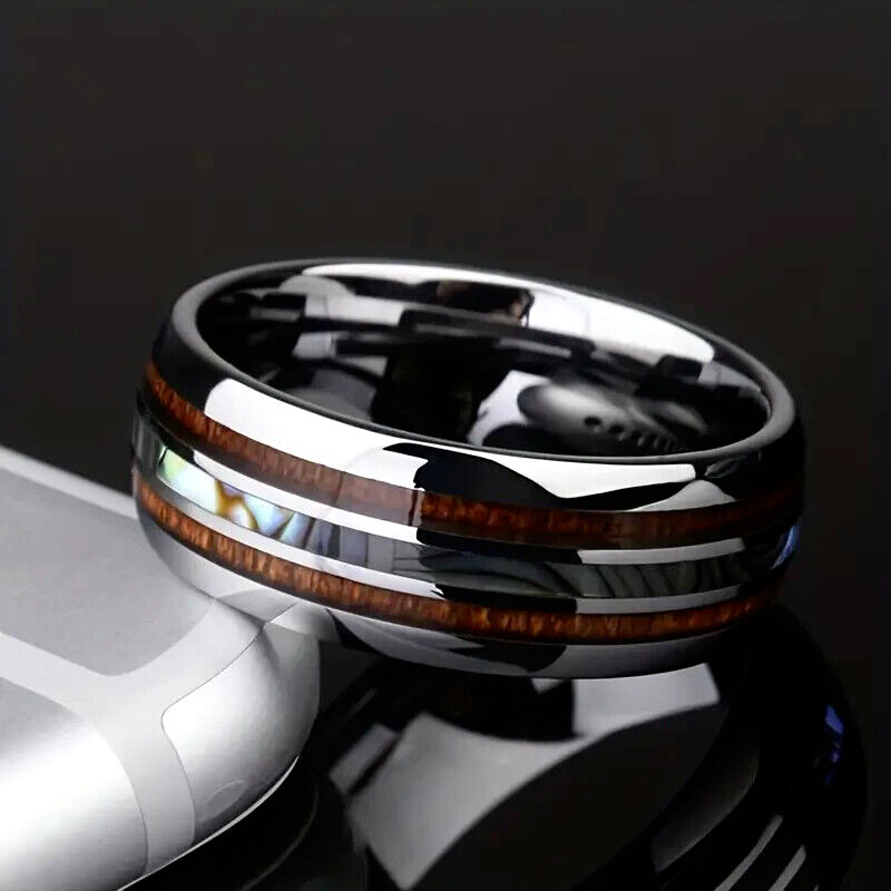 Men's 8mm Tungsten Abalone Hawaiian Koa Wood Inlay Comfort-Fit Wedding Band