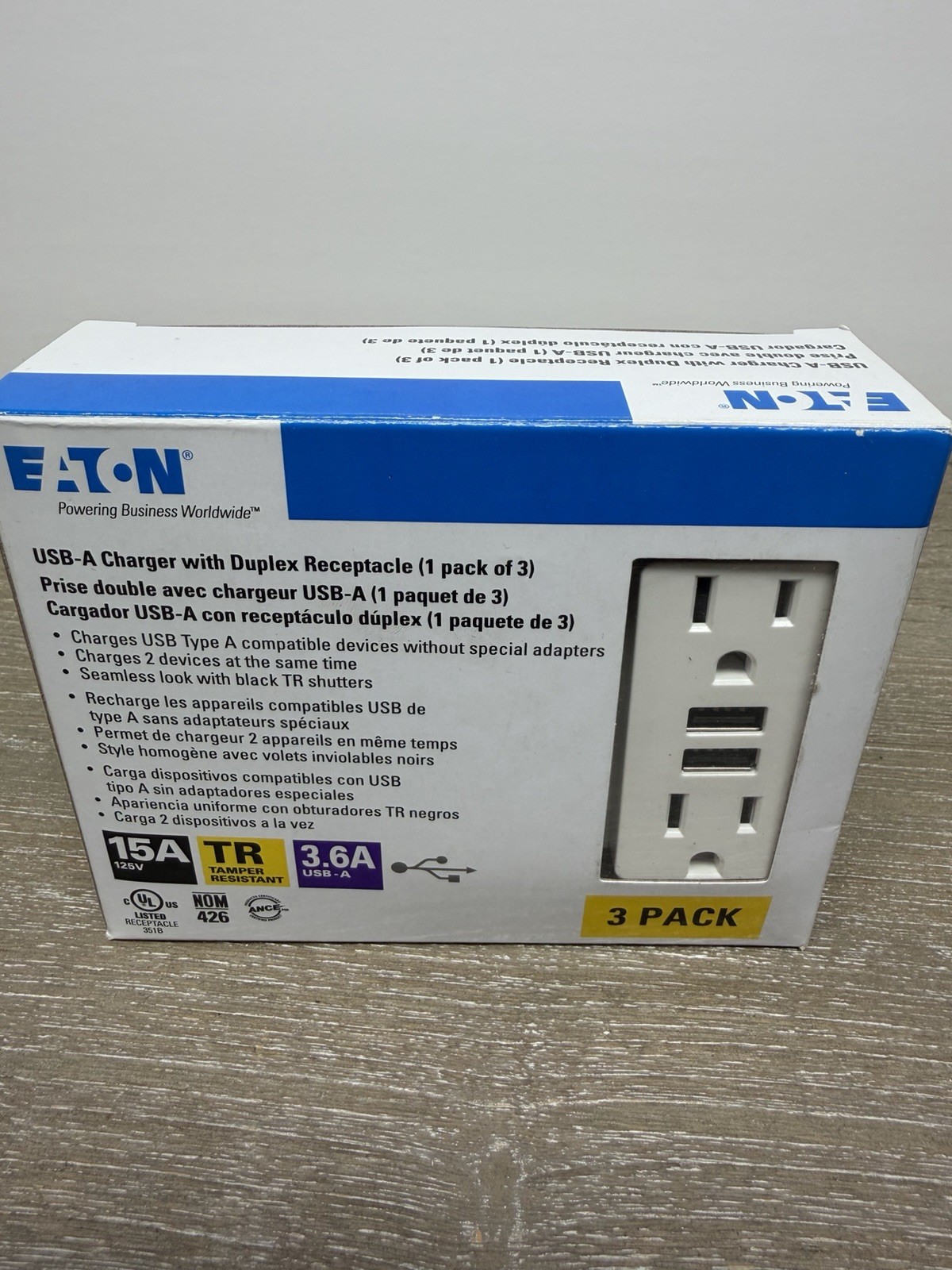 NEW 3 Pack Eaton TR7765W Dual USB-A Charger Duplex Receptacle 15A White TR LOT