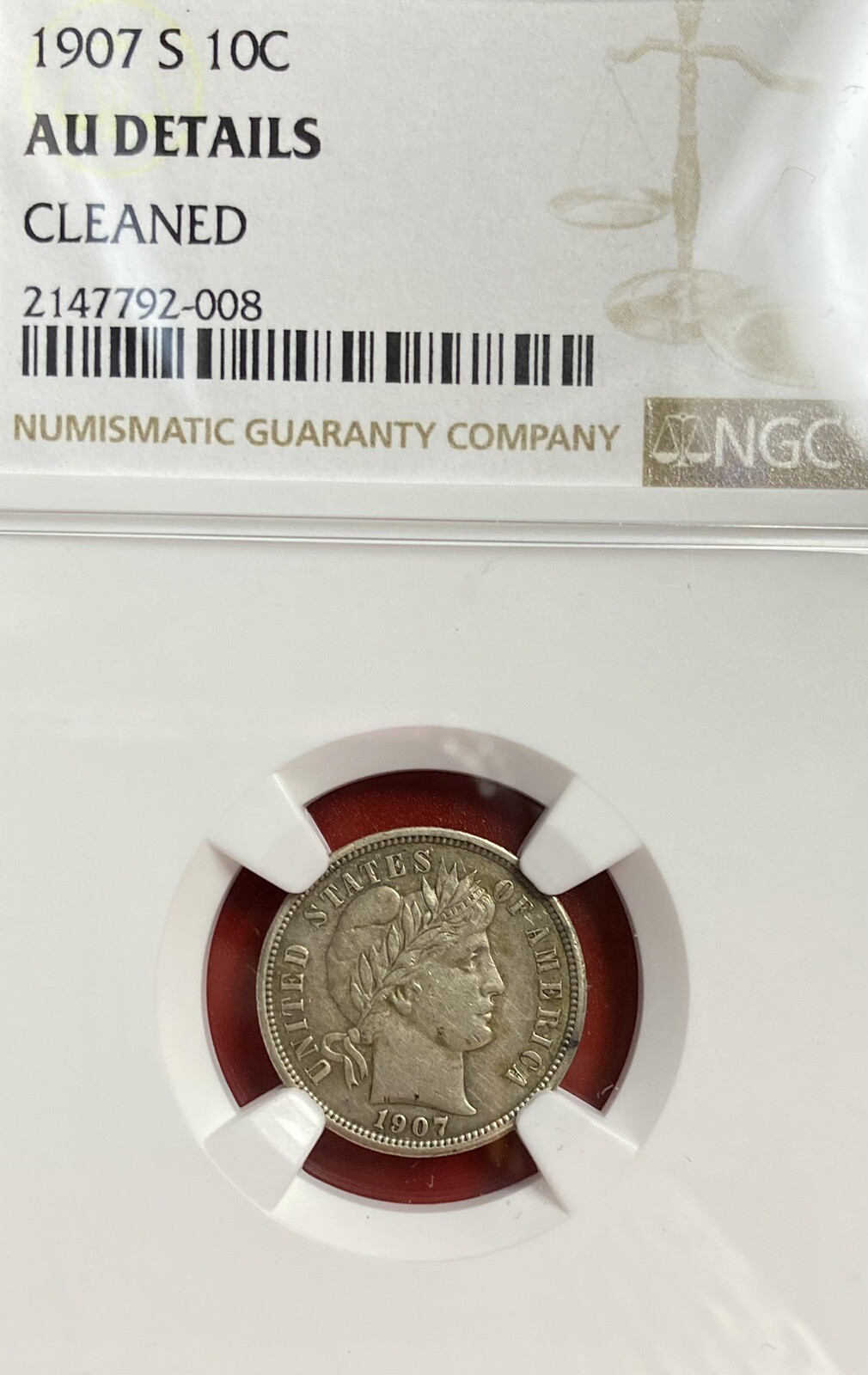 NGC-AU! 1907-S BARBER DIME