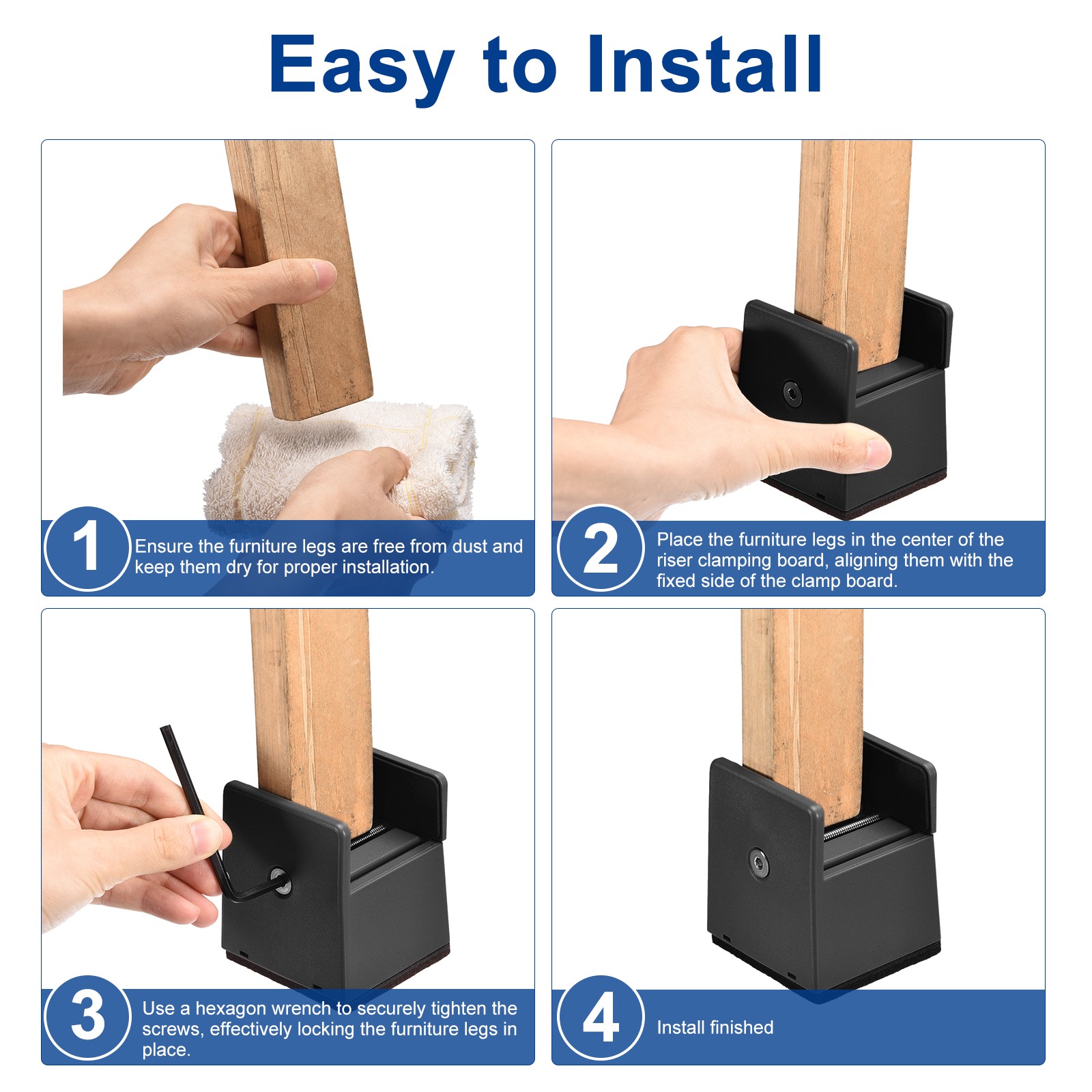 4 Set 4" Bed Risers Furniture Risers for Furniture Thickness 0.39-1.45" Black