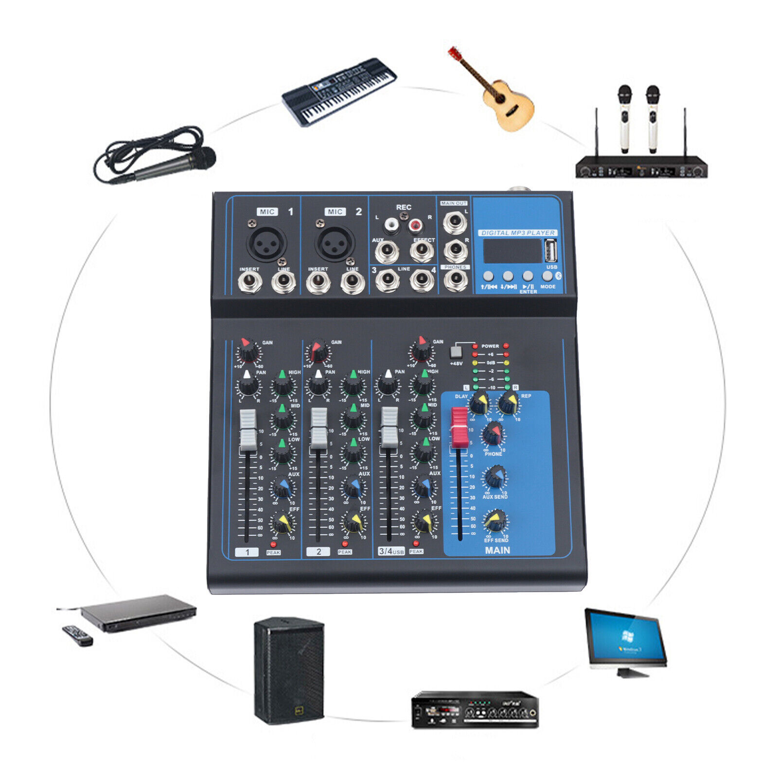4 Channel Audio Mixer Portable Professional Bluetooth Digital DJ Console NEW