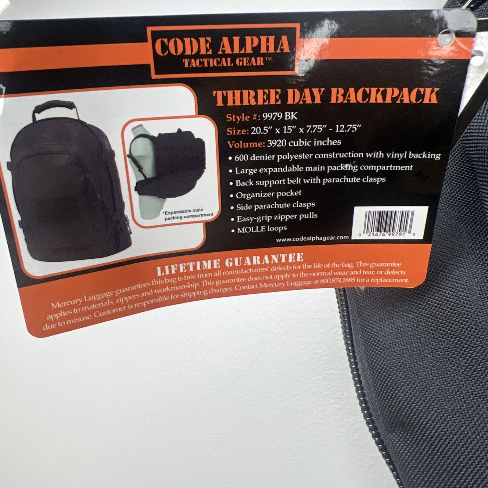Code Alpha Tactical Gear Three Day Backpack, Black, MRCT9979-BK