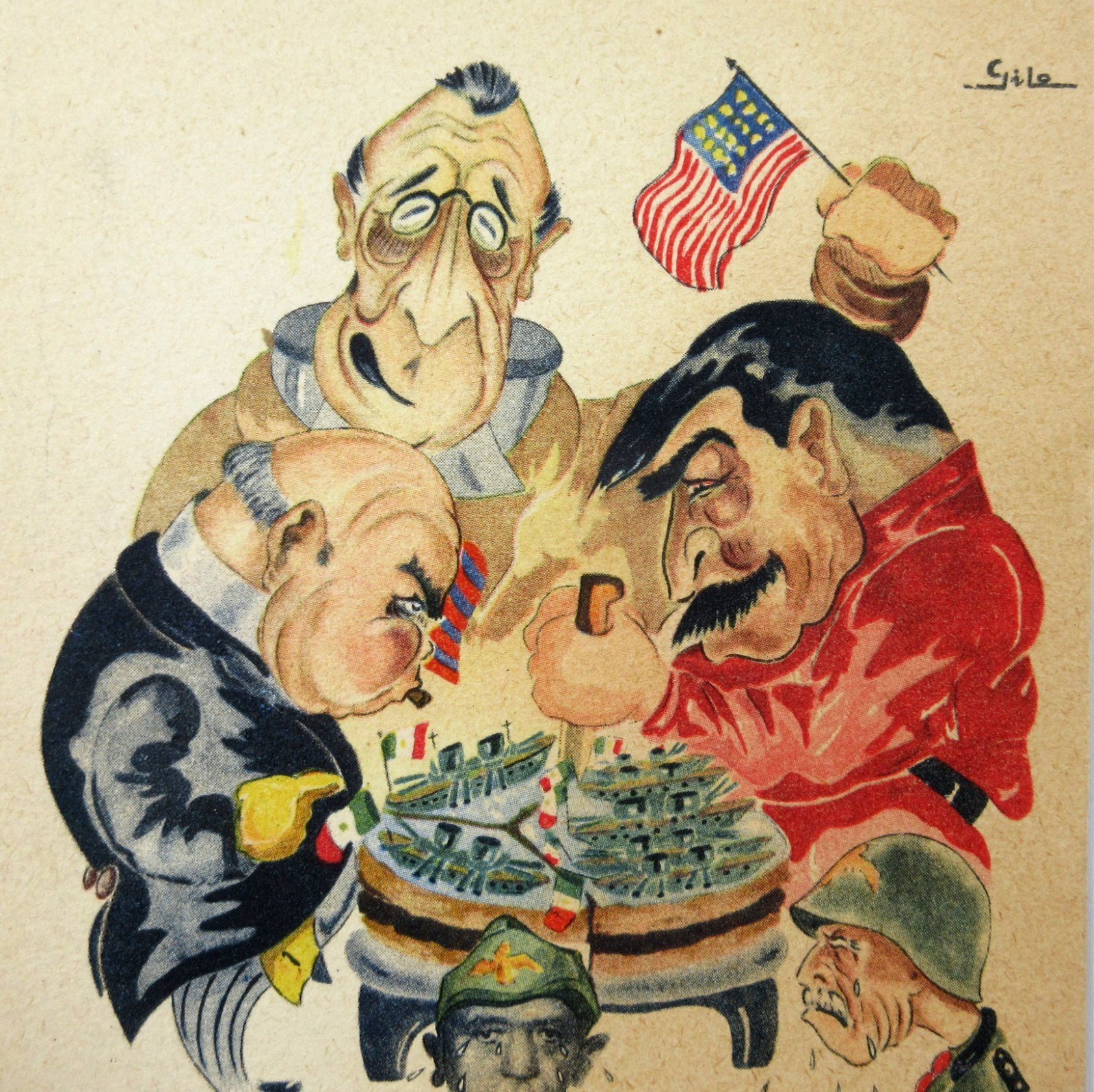 WWII Italian Political Cartoon Postcard FDR Churchill Stalin Yalta Spoils 1940s