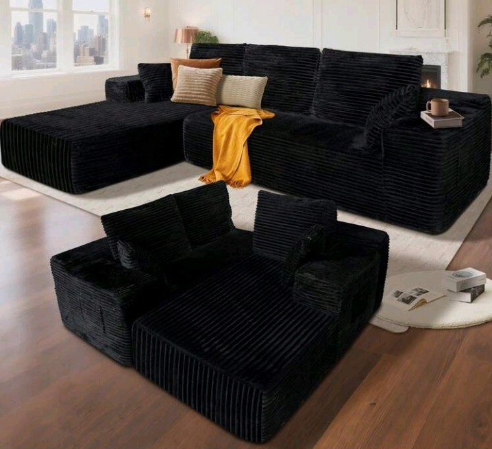 Black Corduroy Striped Sofa 106" Deep Seat Wide Arm Contemporary Couch