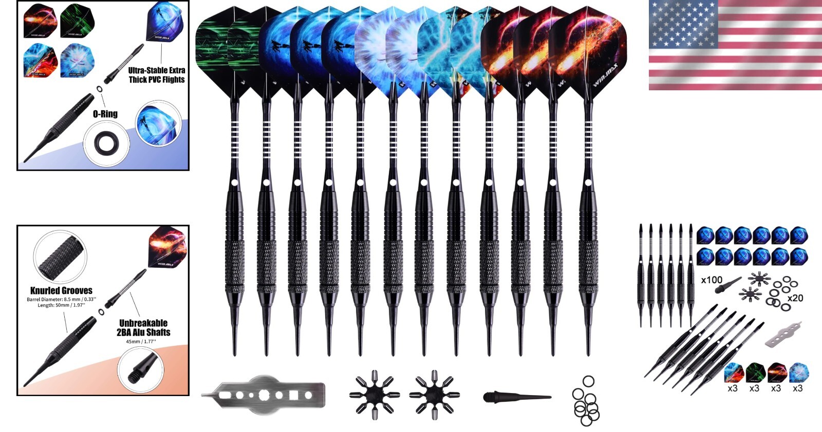 Soft Tip Darts Set - 12 Pcs 18g with 100 Tips & Accessories for Electronic Board