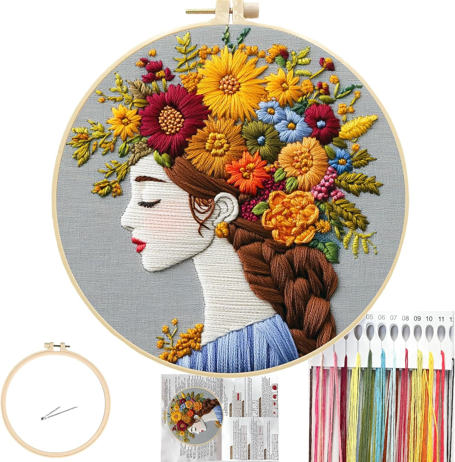 Floral Women Embroidery Kit for Beginners, Colorful Long Hair Girl Pre-Stamped P