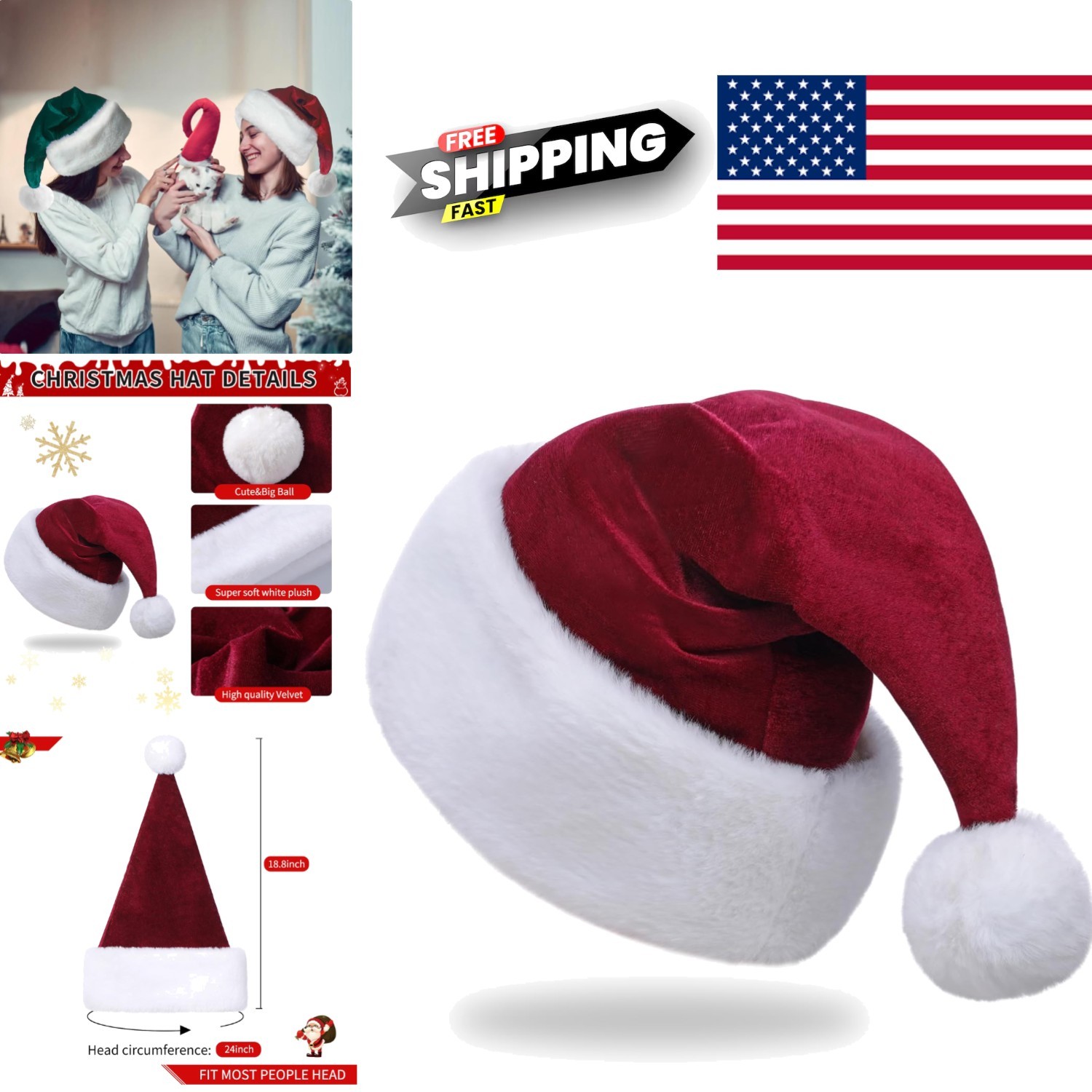 Burgundy Velvet Santa Hat Adult Size 18.8 Inch Faux Fur Comfortable Holiday Wear