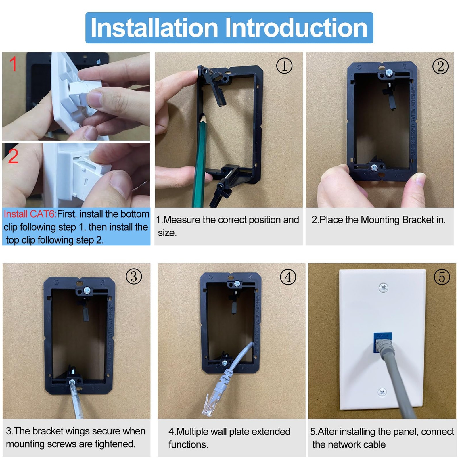 Cat6 Internet Outlet, 5 Keystone Jacks, Low Voltage Mounting Bracket, White