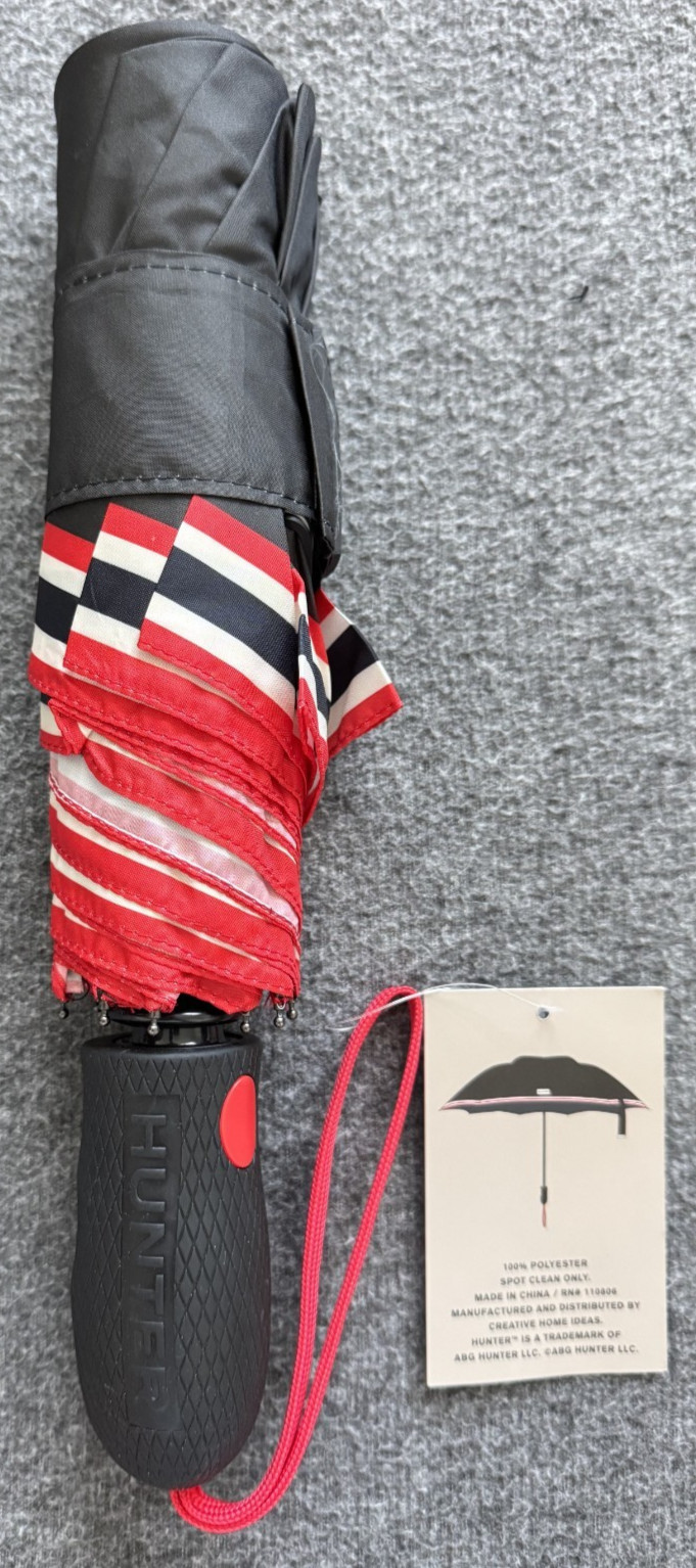 NWT Hunter Original Mini Compact Umbrella Black Red White Stripe 36" Canopy New