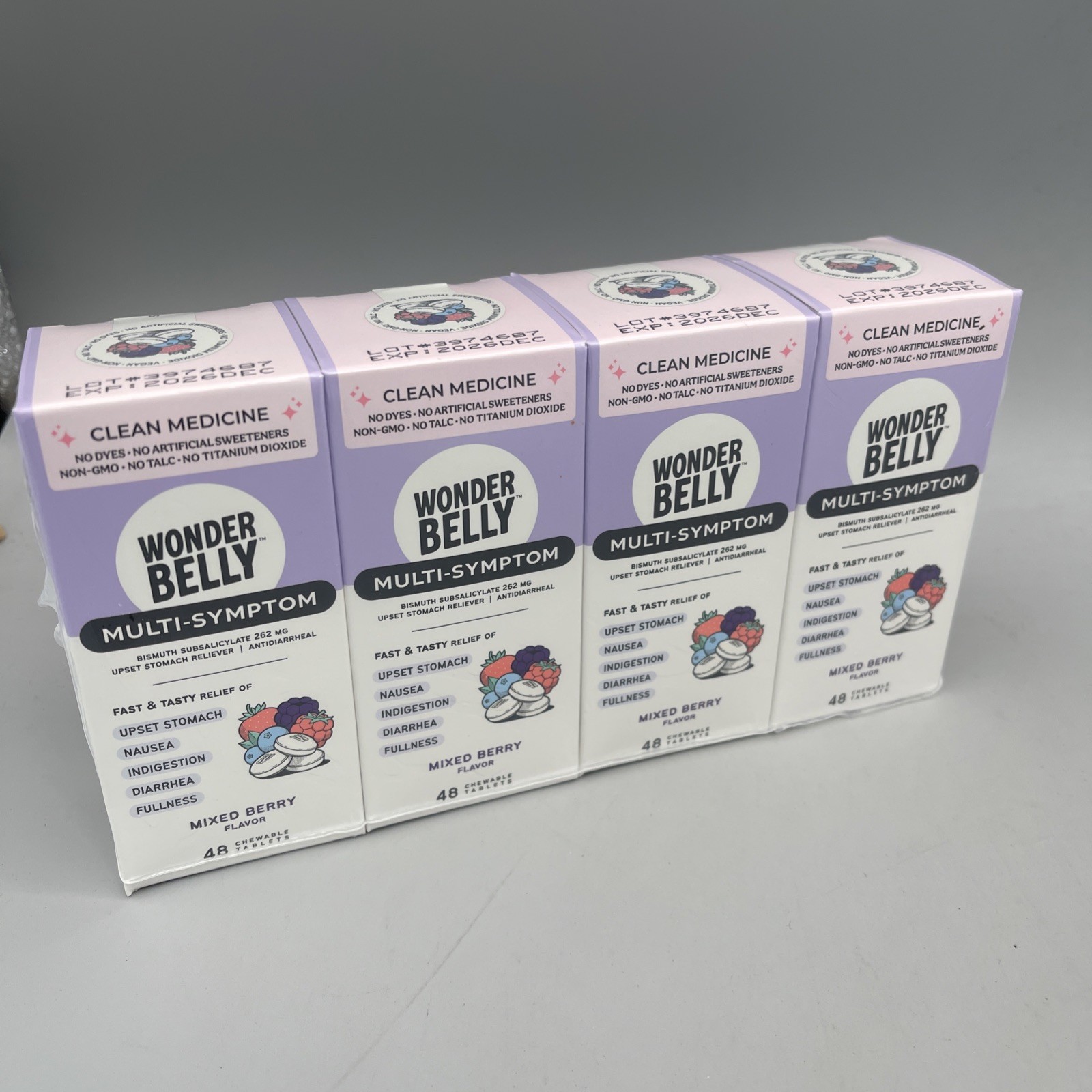 4 Pack Wonder Belly Multi-Symptom Chewable Tablets Anti-Diarrhea & Upset Stomach
