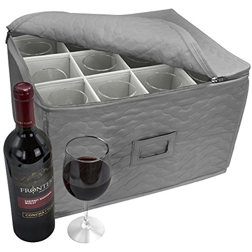 Stemware Wine Glass Storage Chest - Quilted Case with Dividers Service for 12