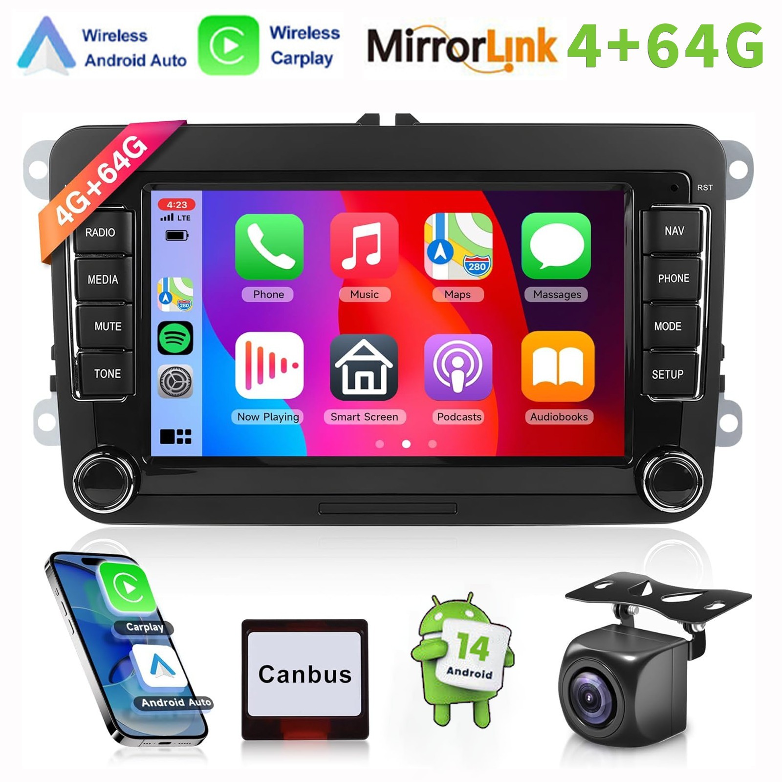 For VW Golf MK5 RCD330 B6 7" CarPlay Android Car Stereo Radio With Backup Camera