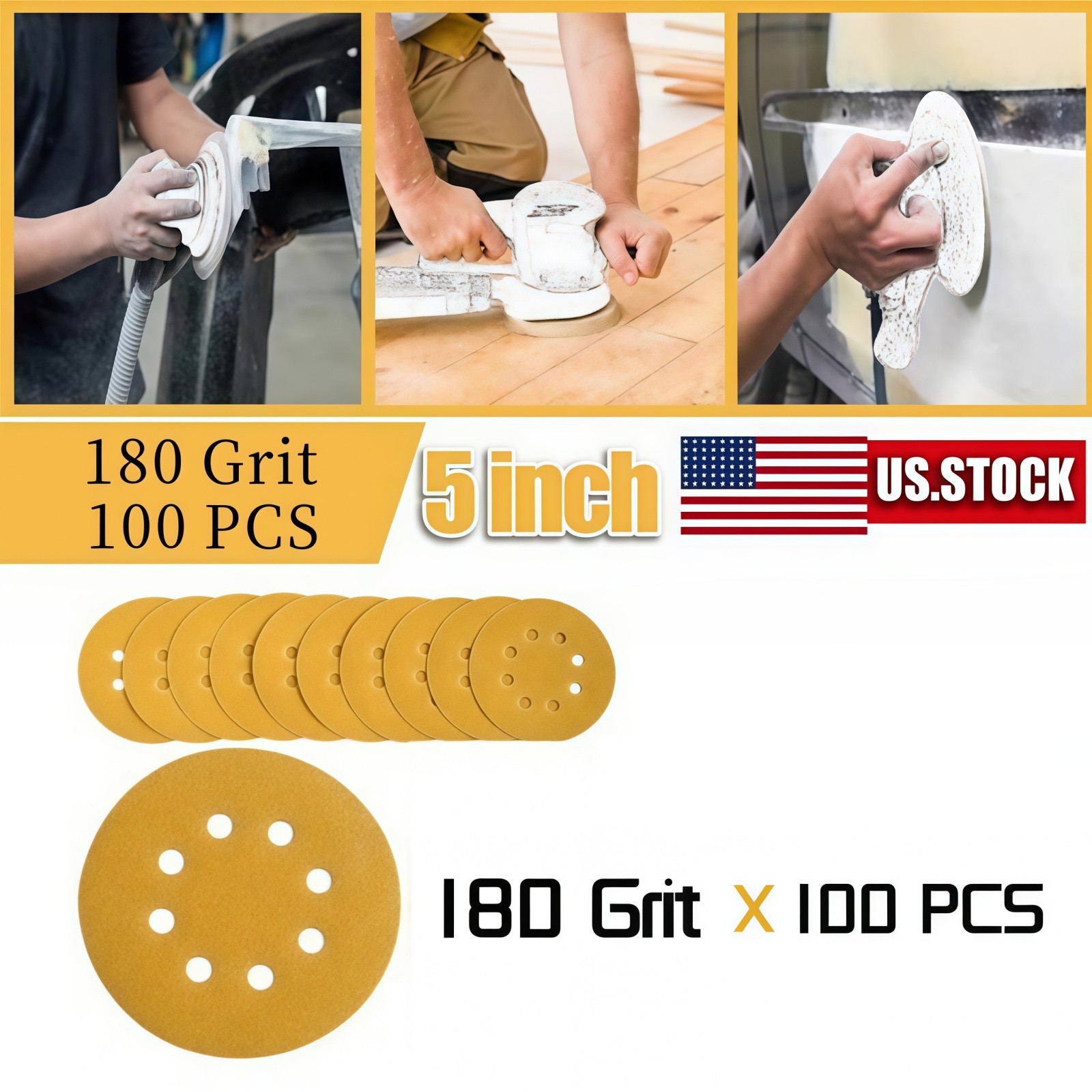 100 PCS 5in Sanding Discs 8-Hole Hook Loop Sander Orbital Sandpaper 180 Grit US
