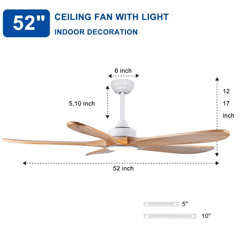 52" Modern Solid Wood Ceiling Fan w/Light 3CCT Noiseless Reversible APP/Remote