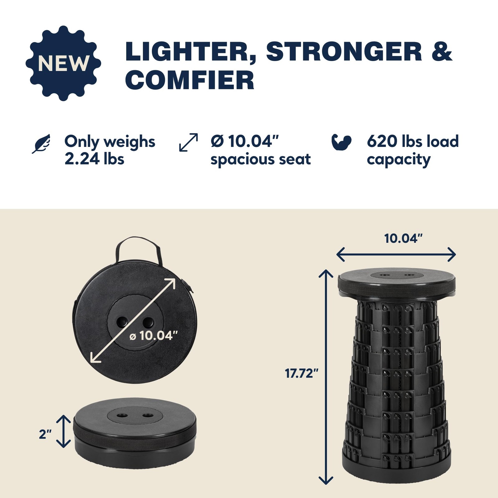 Upgraded Collapsible Stool With 3-in-1 Backpack, Cushion & Beverage Holder-