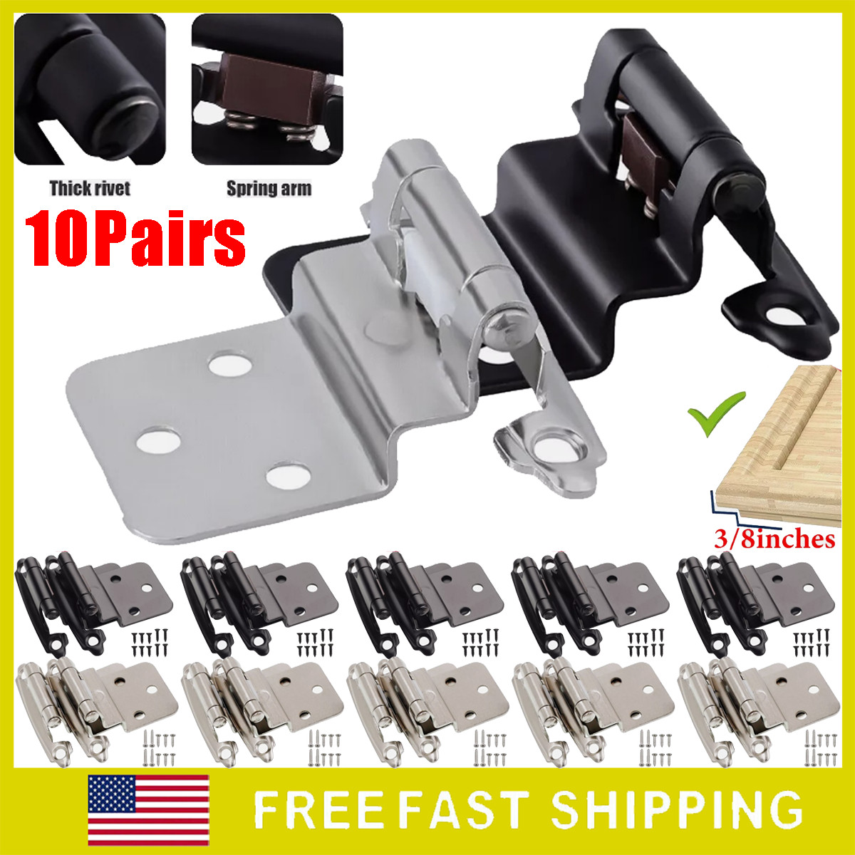 10 Pairs 3/8" Inset Cabinet Hinges Self Closing Offset Face Mount Heavy Duty US