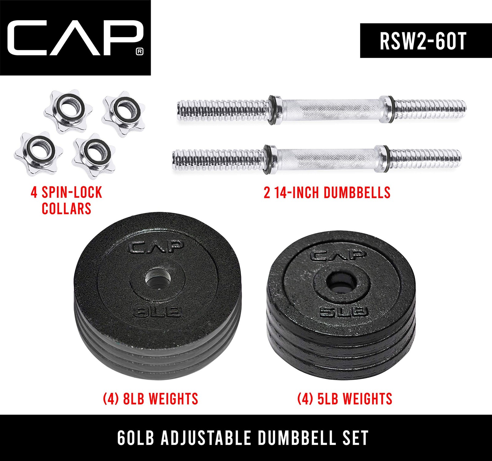 Cap Barbell Adjustable Dumbbell Weight Set | Multiple Options Black, 60 LB Pair