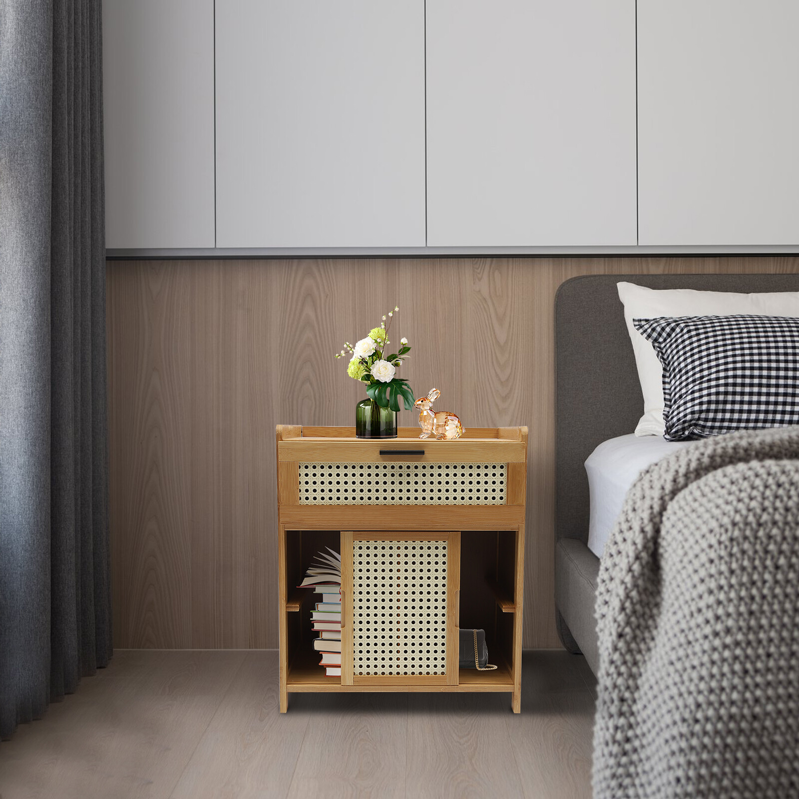 Nightstand Bamboo End Table Bedside Table w/Drawer & Shelf Bohemian Storage Rack