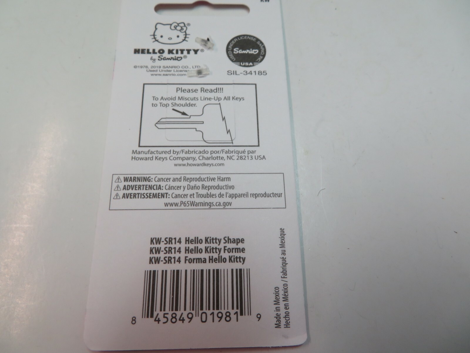 Hello Kitty Head Shape Kwikset KW1 House Key Blank / SR 14 Sanrio Licensed