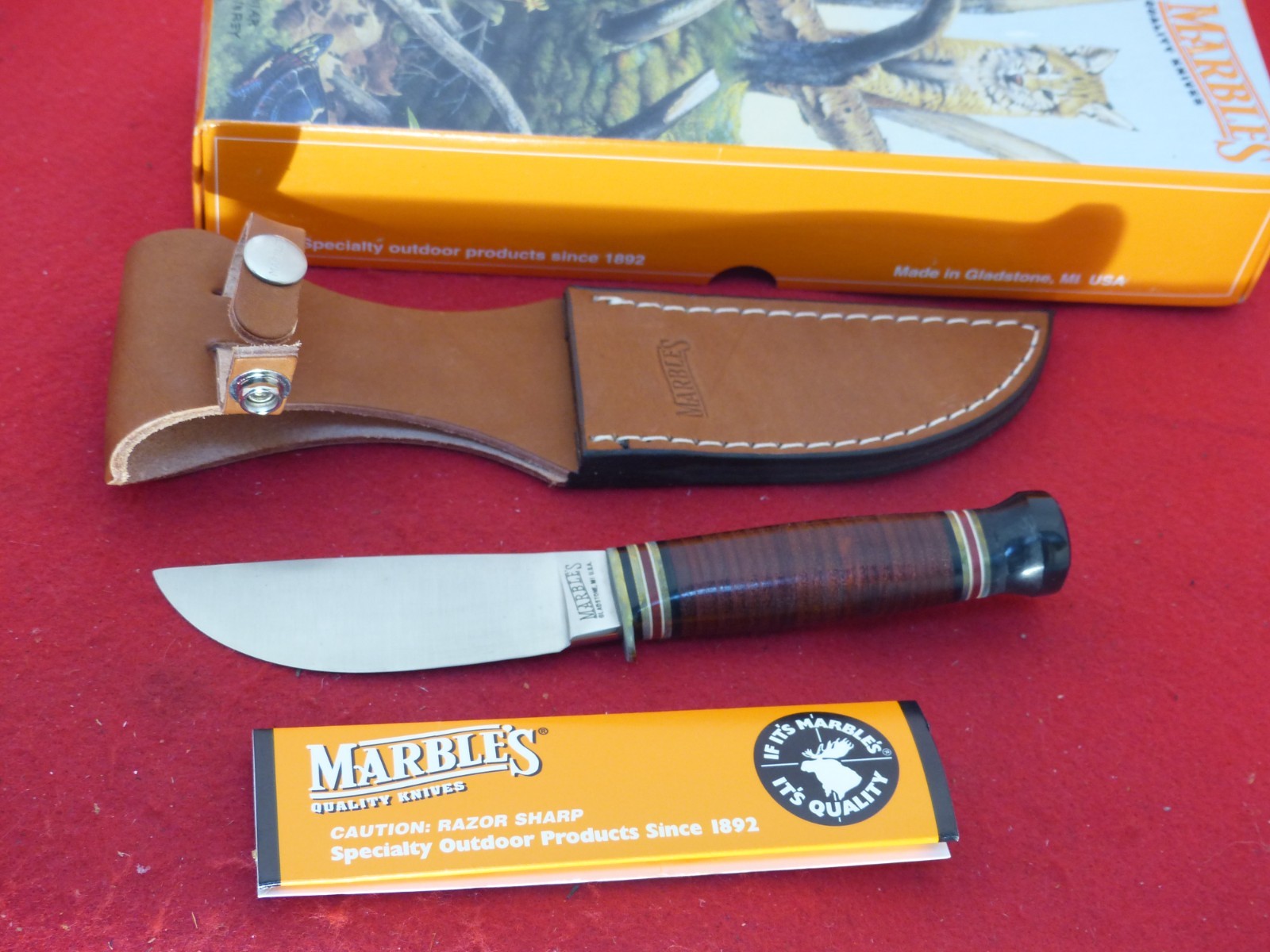 Marbles Gladstone USA mint in box HUNTER Leather/buffalo fixed blade knife
